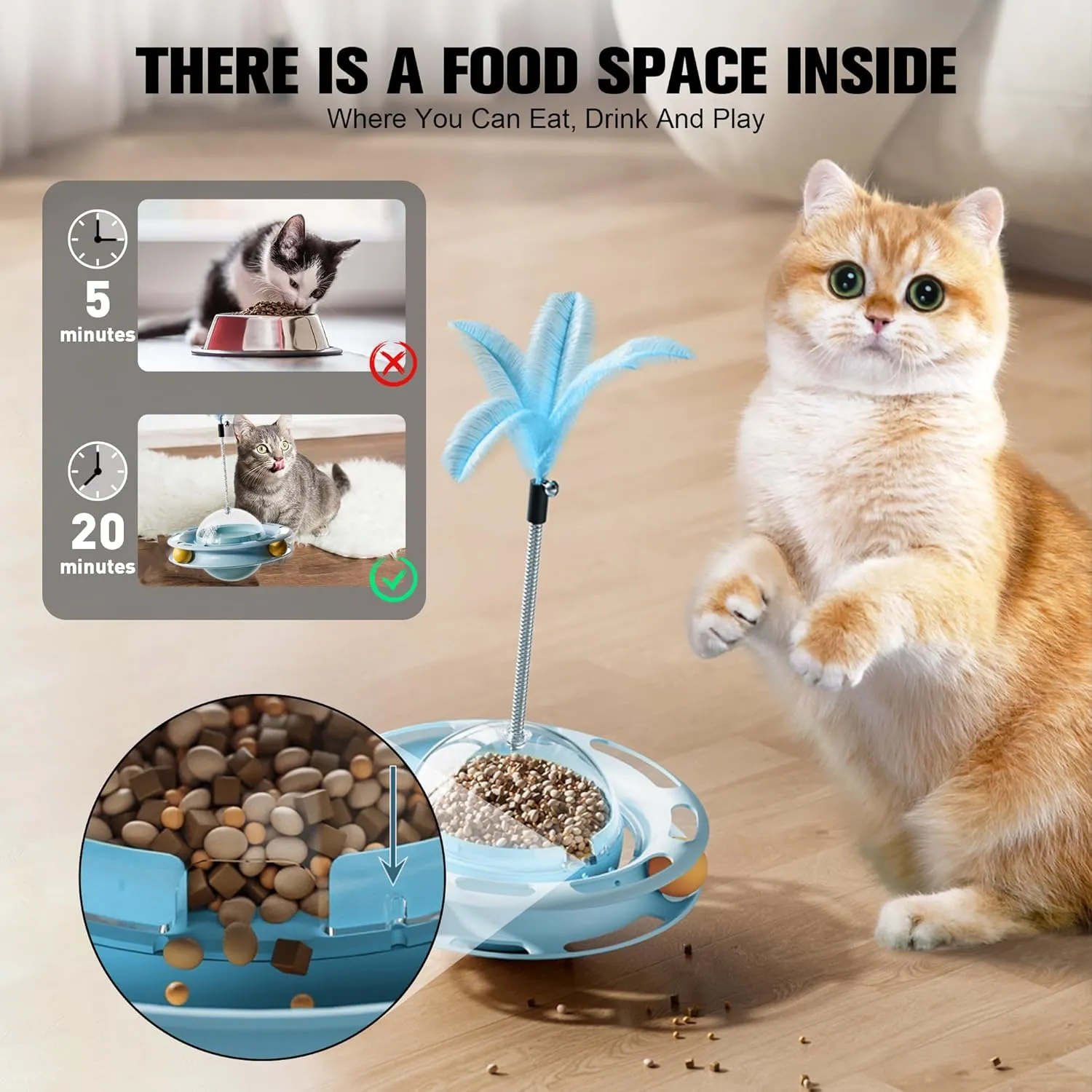 2 in 1 Cat Interactive Toy Roller 3-Level Turntable Cat Slow Feeder Food Dispenser Wand (Blue-B)