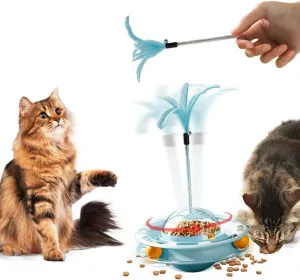 2 in 1 Cat Interactive Toy Roller 3-Level Turntable Cat Slow Feeder Food Dispenser Wand (Blue-B)