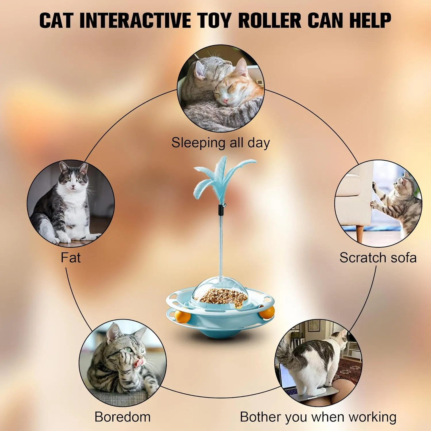 2 in 1 Cat Interactive Toy Roller 3-Level Turntable Cat Slow Feeder Food Dispenser Wand (Blue-B)