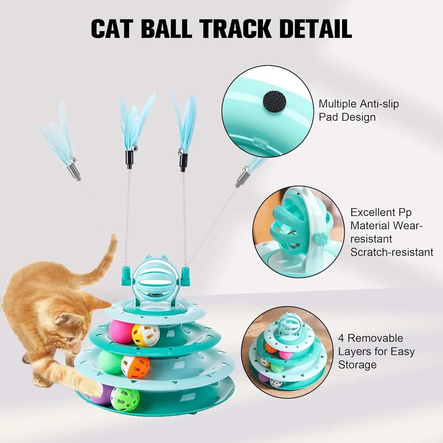 2 in 1 Cat Interactive Toy Roller 3-Level Turntable Cat Slow Feeder Food Dispenser Wand (RED)