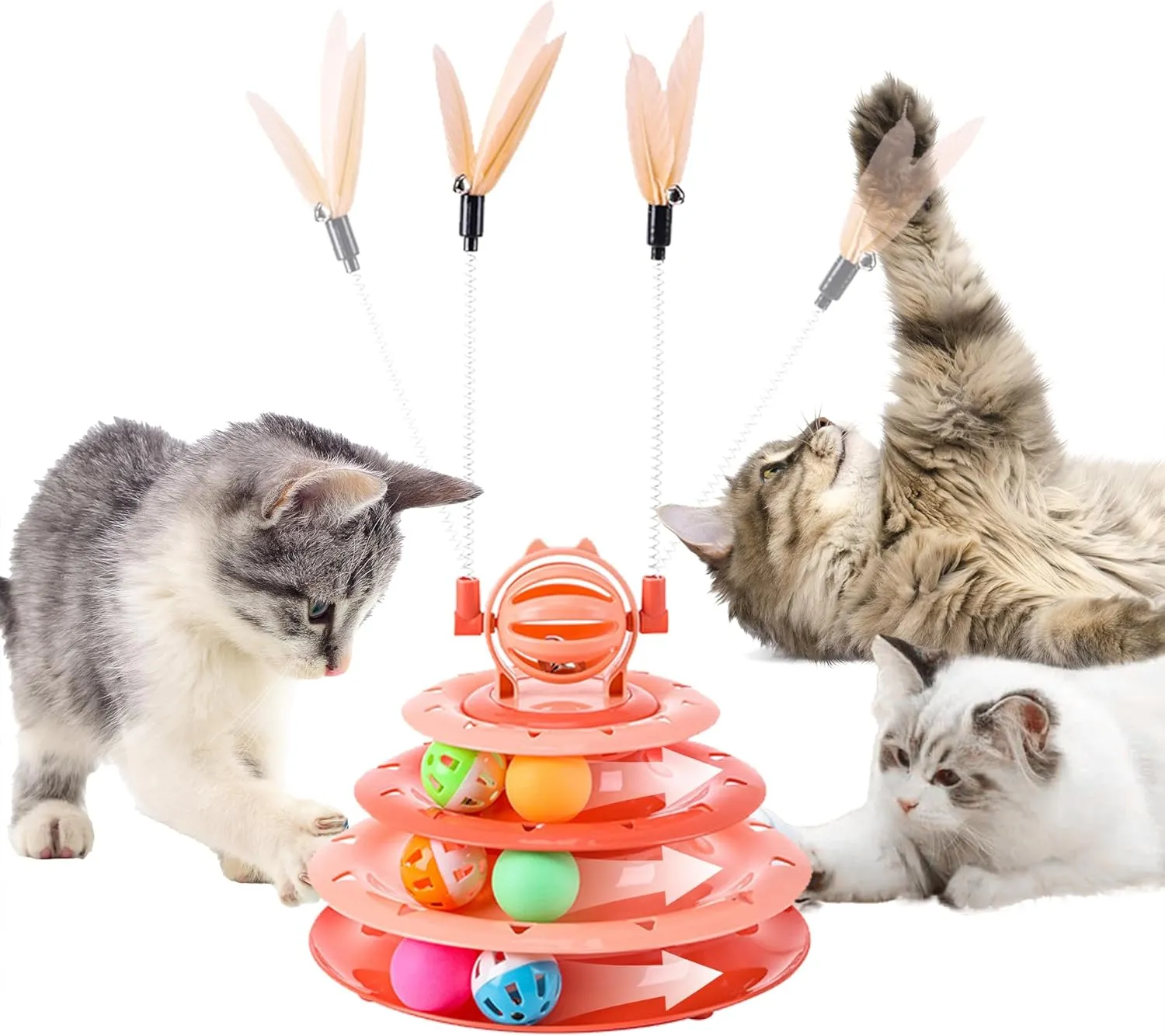 2 in 1 Cat Interactive Toy Roller 3-Level Turntable Cat Slow Feeder Food Dispenser Wand (RED)