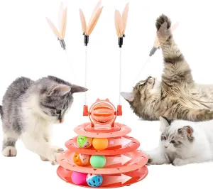 2 in 1 Cat Interactive Toy Roller 3-Level Turntable Cat Slow Feeder Food Dispenser Wand (RED)
