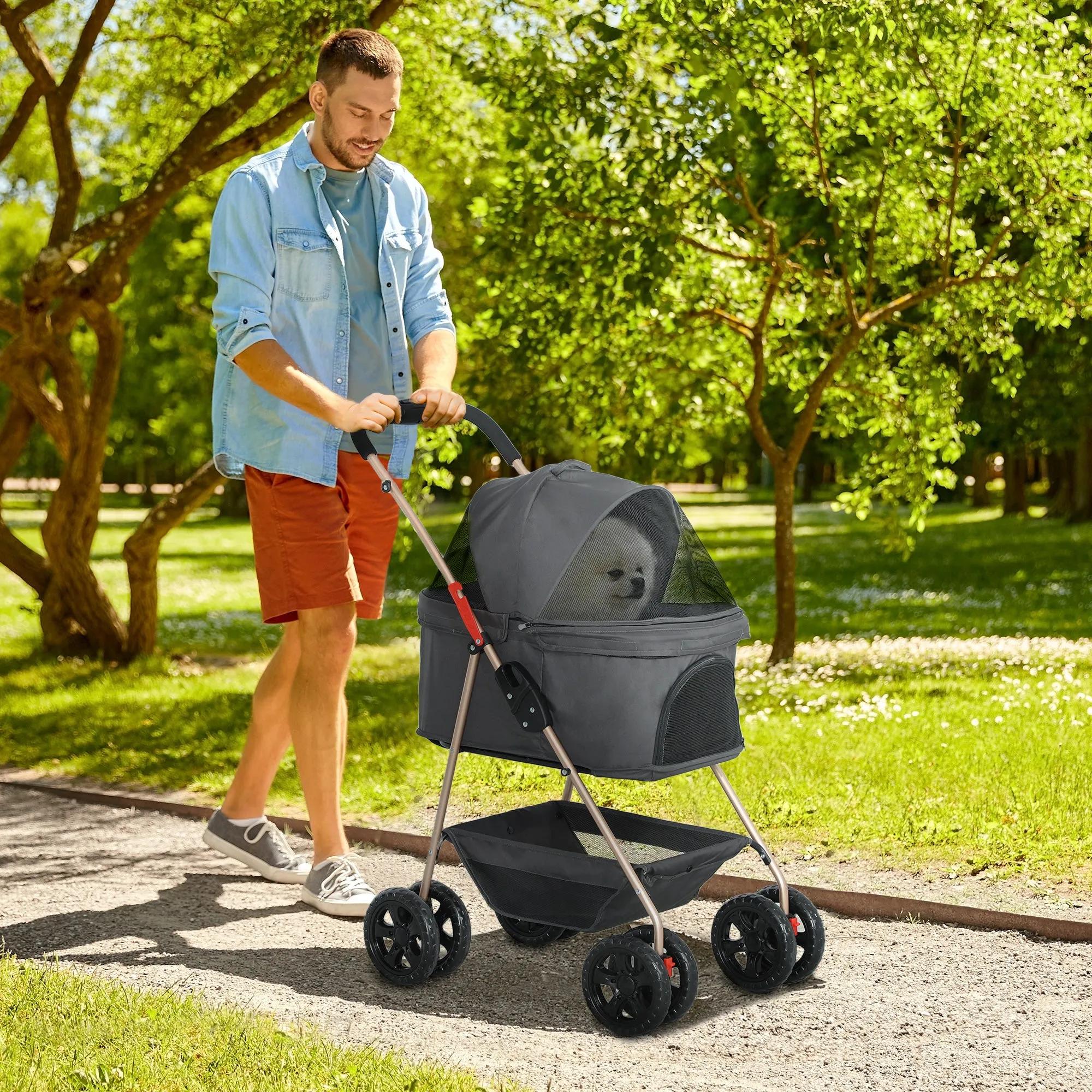 3 in 1 Foldable Dog Stroller with Carrying Bag and Bottom Basket, Gray