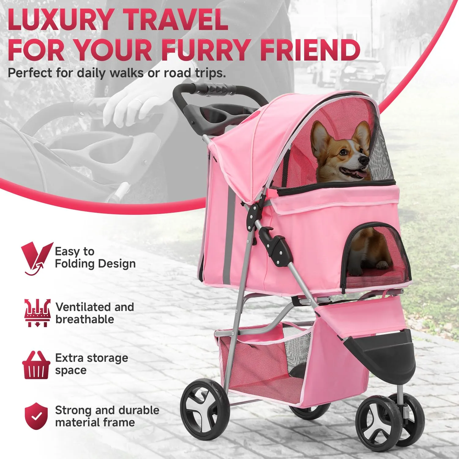 3-Wheel Dog Stroller - Compact Foldable Design with Breathable Mesh & Cup Holders for Cats & Small Pets, CAAP-DGS-A78-PK