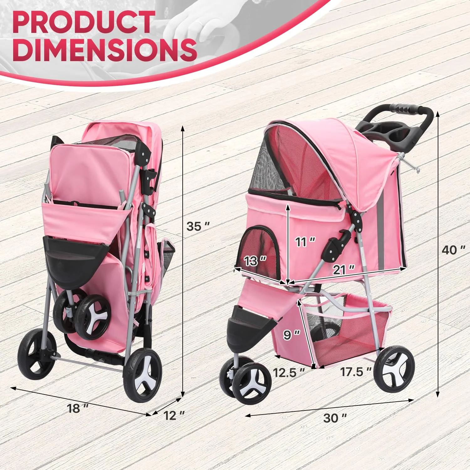 3-Wheel Dog Stroller - Compact Foldable Design with Breathable Mesh & Cup Holders for Cats & Small Pets, CAAP-DGS-A78-PK