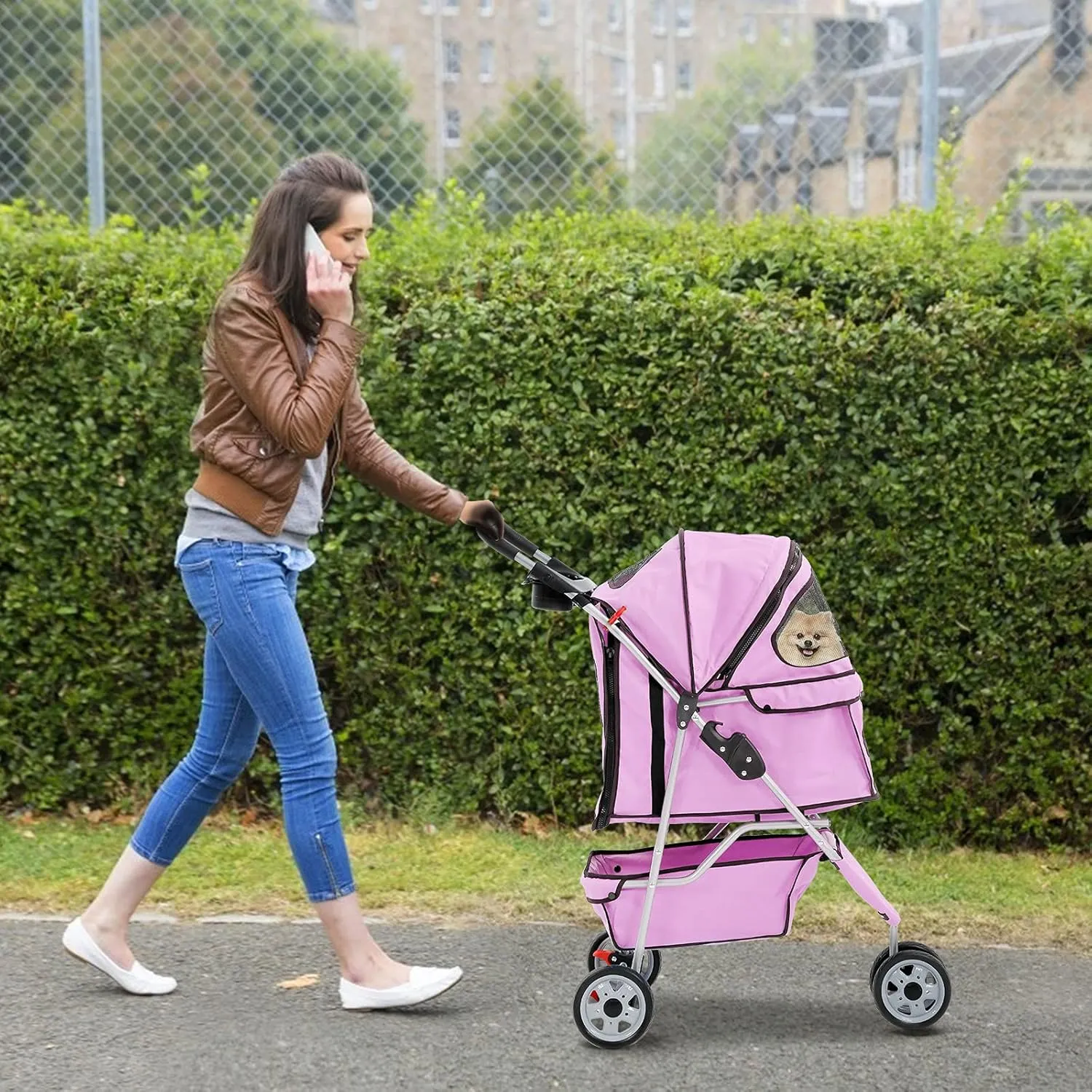 3 Wheels Pet Stroller for Dogs/Cats, Cat Dog Cage Stroller, Travel Folding Carrier with Removable Liner & Storage Basket & Cup Holder, for Small-Medium Dog, Cat - Pink