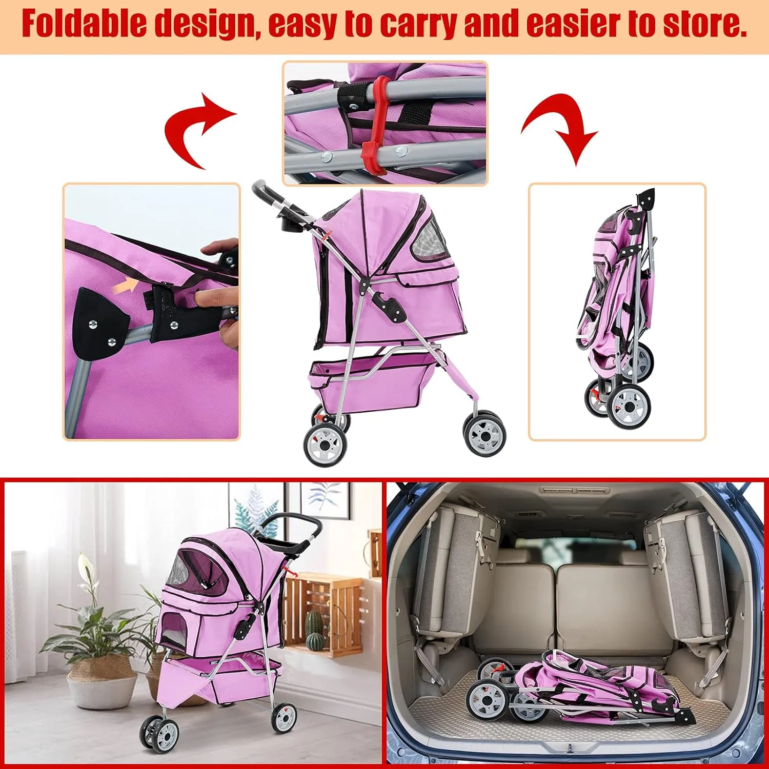 3 Wheels Pet Stroller for Dogs/Cats, Cat Dog Cage Stroller, Travel Folding Carrier with Removable Liner & Storage Basket & Cup Holder, for Small-Medium Dog, Cat - Pink