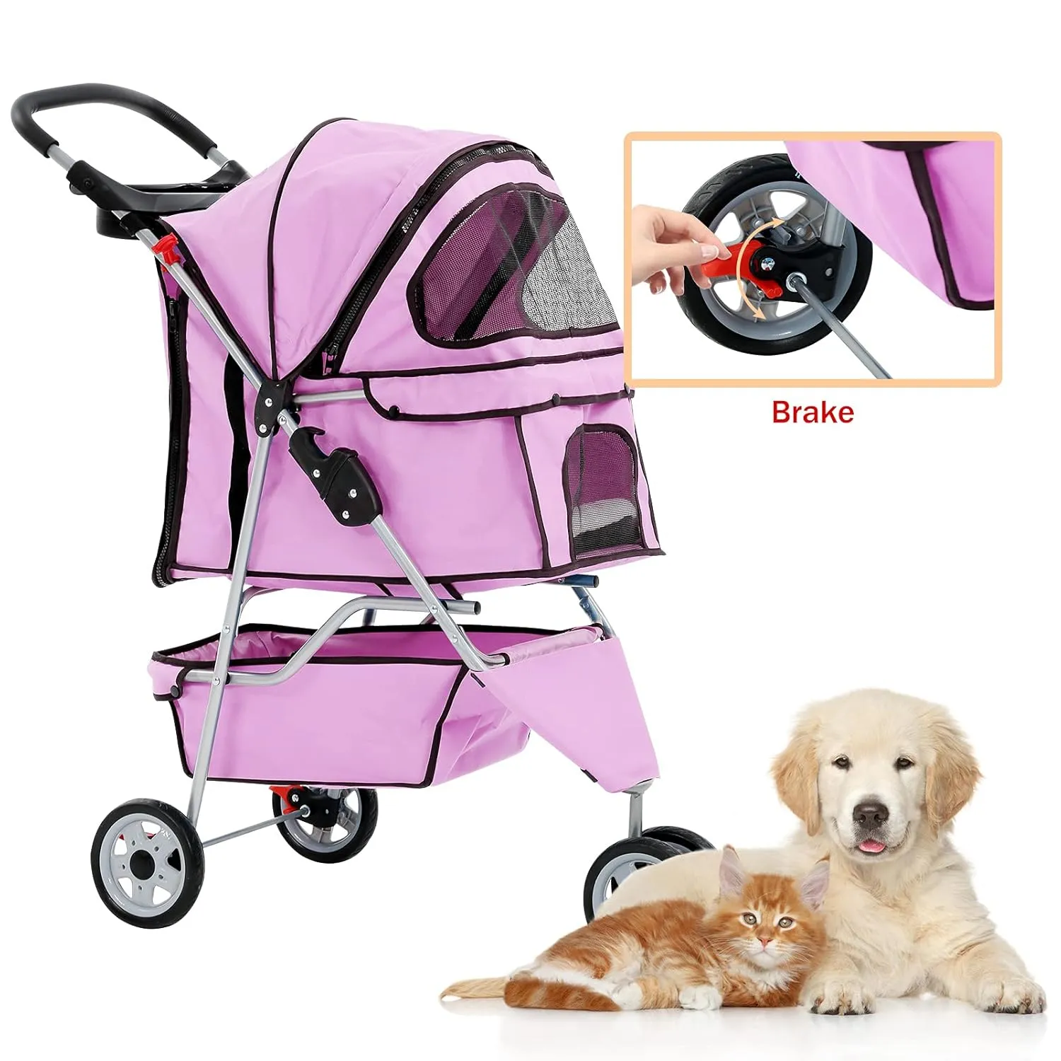 3 Wheels Pet Stroller for Dogs/Cats, Cat Dog Cage Stroller, Travel Folding Carrier with Removable Liner & Storage Basket & Cup Holder, for Small-Medium Dog, Cat - Pink