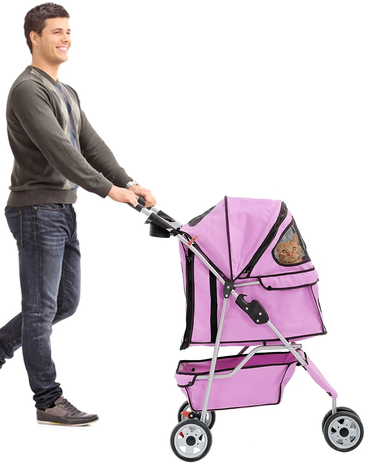 3 Wheels Pet Stroller for Dogs/Cats, Cat Dog Cage Stroller, Travel Folding Carrier with Removable Liner & Storage Basket & Cup Holder, for Small-Medium Dog, Cat - Pink