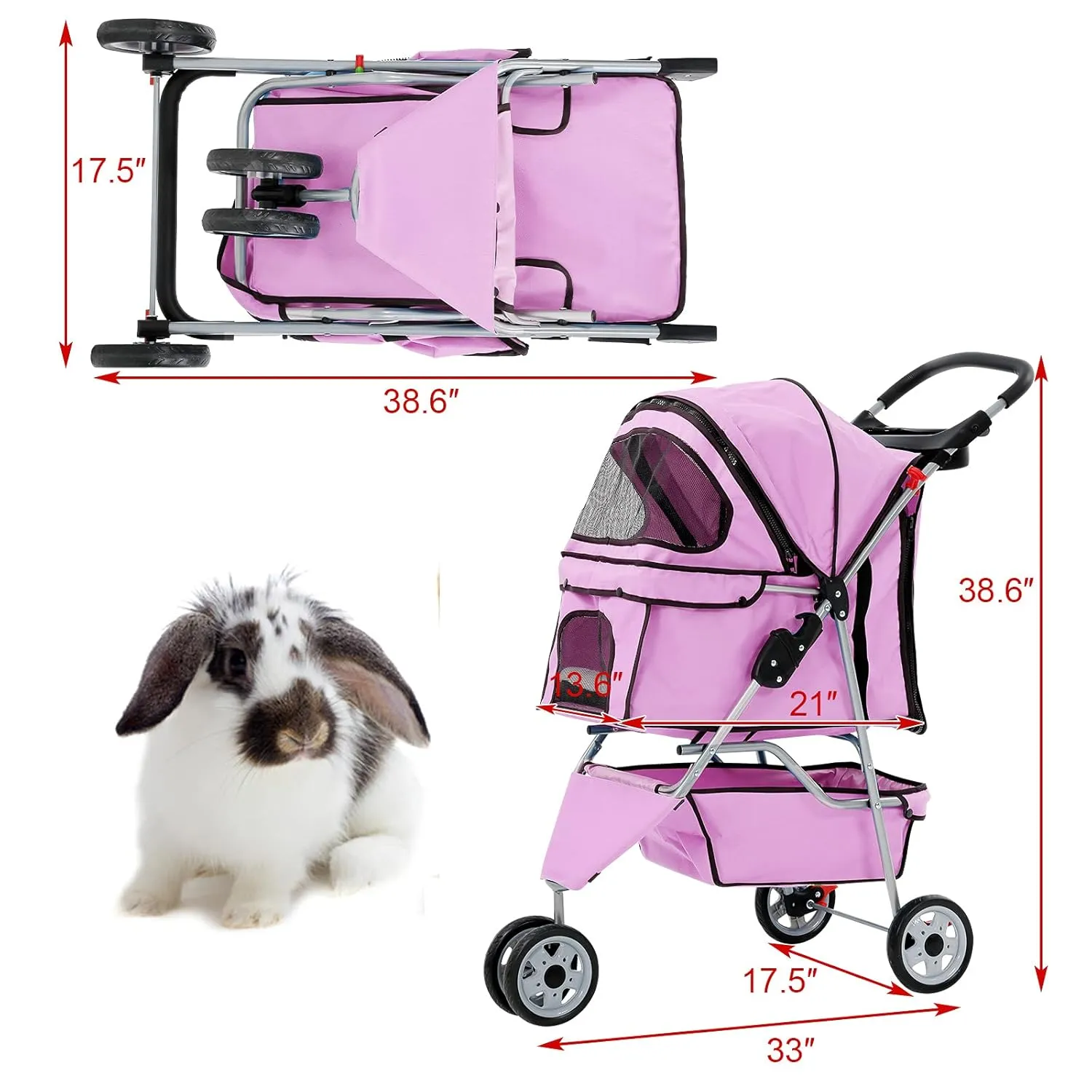 3 Wheels Pet Stroller for Dogs/Cats, Cat Dog Cage Stroller, Travel Folding Carrier with Removable Liner & Storage Basket & Cup Holder, for Small-Medium Dog, Cat - Pink