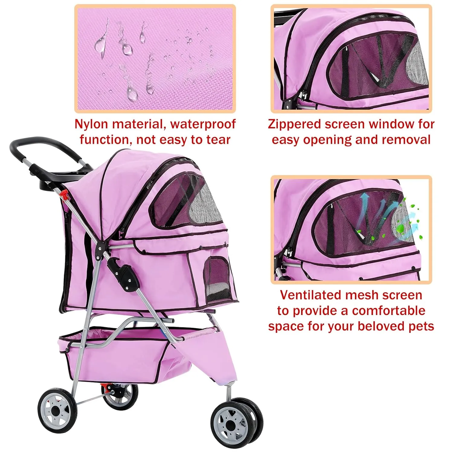 3 Wheels Pet Stroller for Dogs/Cats, Cat Dog Cage Stroller, Travel Folding Carrier with Removable Liner & Storage Basket & Cup Holder, for Small-Medium Dog, Cat - Pink