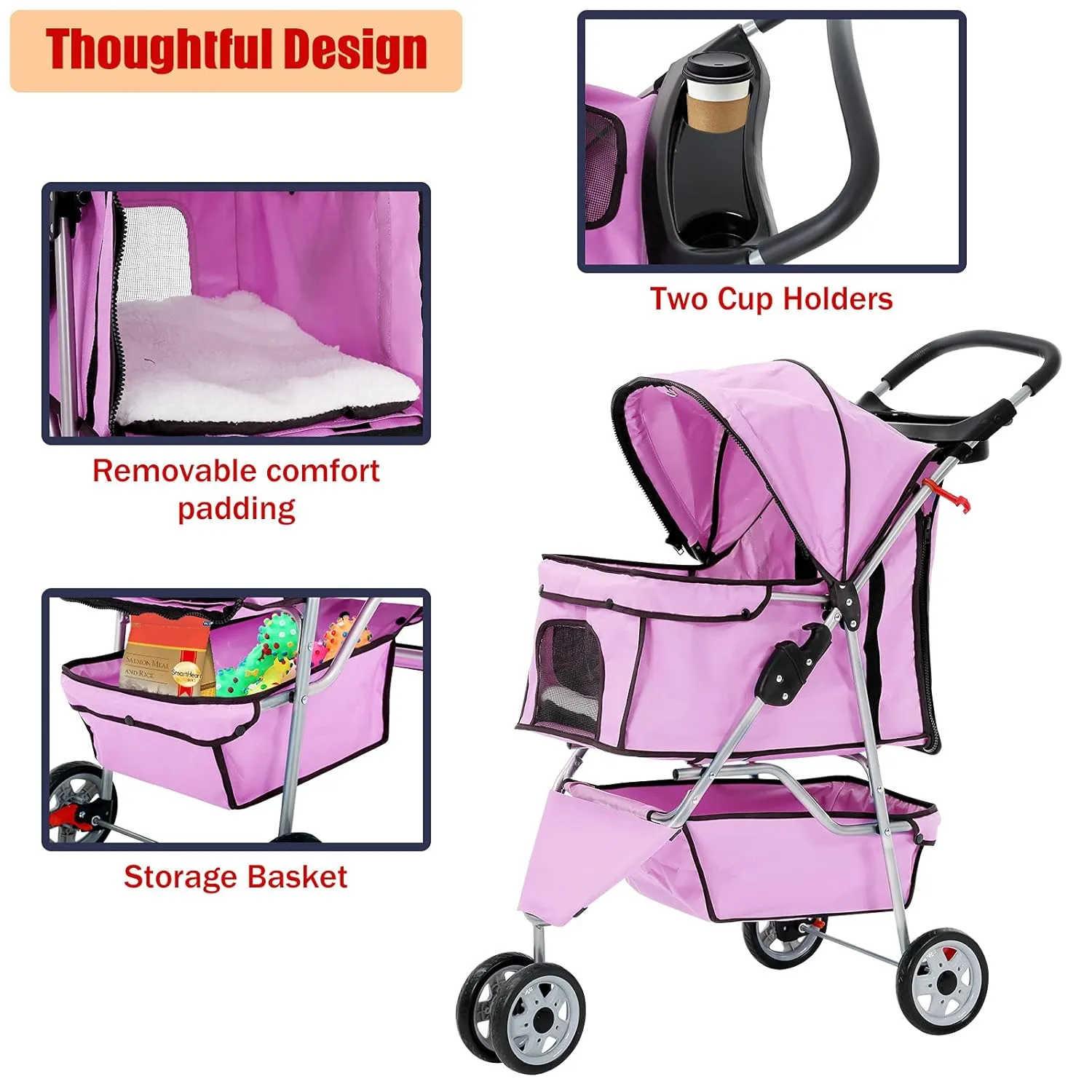 3 Wheels Pet Stroller for Dogs/Cats, Cat Dog Cage Stroller, Travel Folding Carrier with Removable Liner & Storage Basket & Cup Holder, for Small-Medium Dog, Cat - Pink