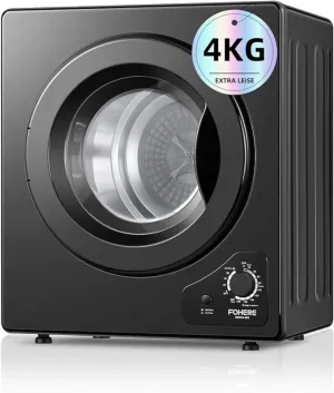 4KG Tumble Dryer with Sensor Dry, FOHERE 1200W Compact Vented Tumble Dryer with Exhaust Duct & Stainless Steel Tub, Control Panel Downside Easy Control for 5 Automatic Drying Mode, Black