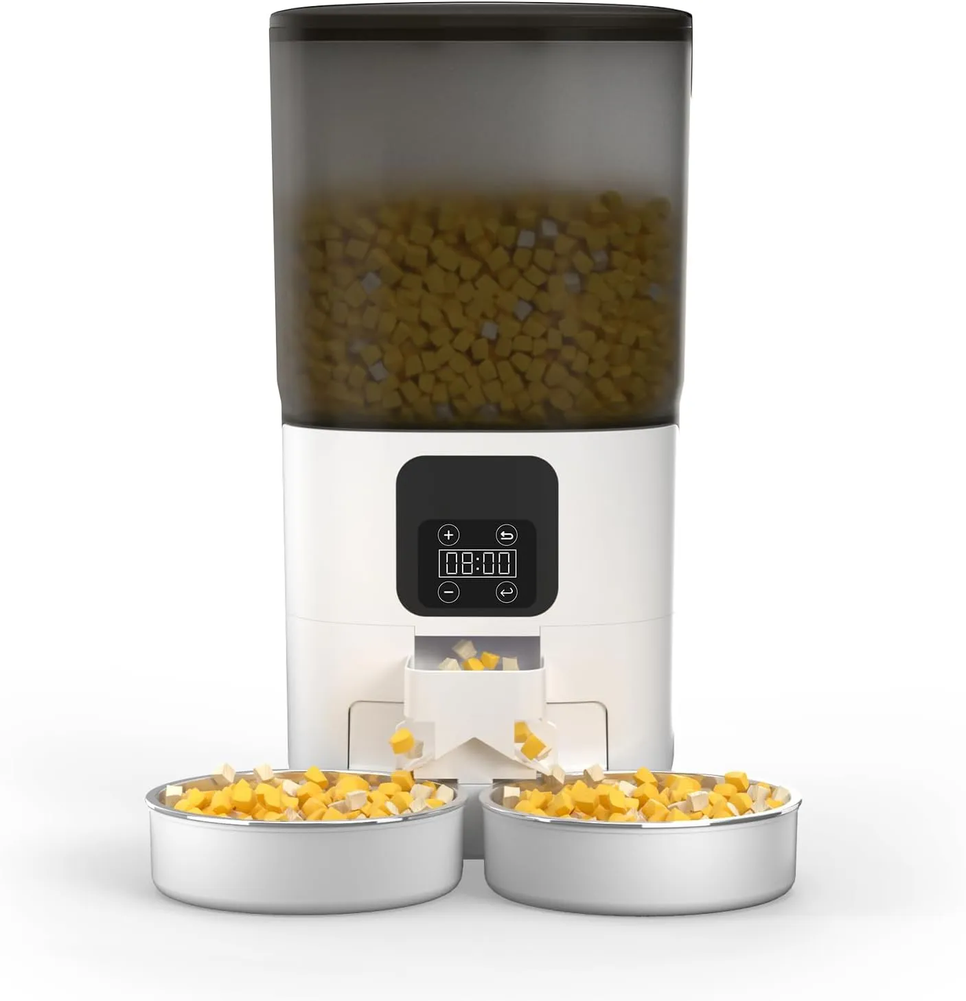 7L Automatic Cat Feeder for 2 Cats, 2-Way Splitter Timed Cat Dry Food Dispenser with 2 Bowls, Programmable Control 1-12 Meals, Dual Power Supply, Auto Pet Feeder for Multi-Pet
