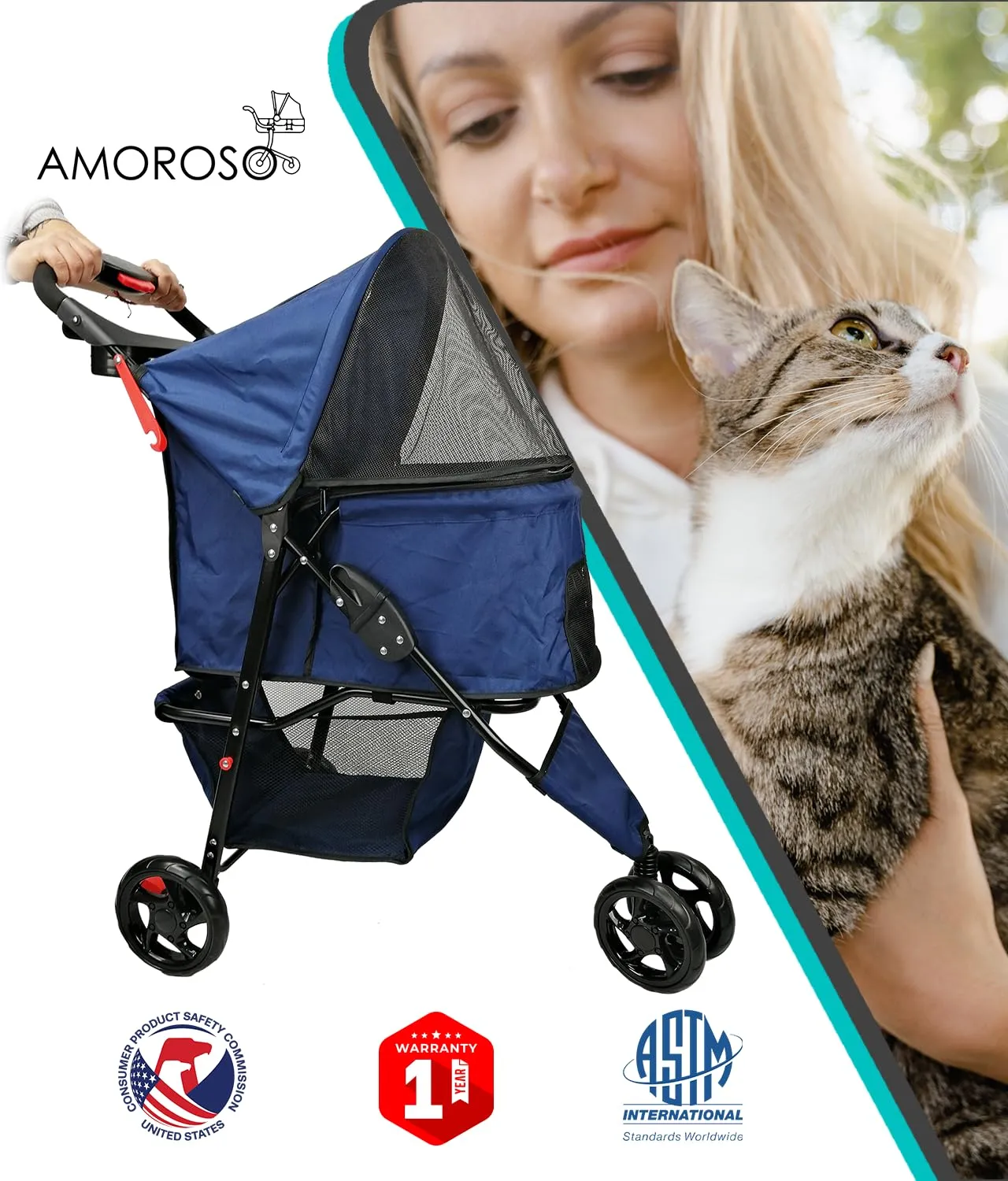 AmorosO Pet Stroller for Convenience and Mobility | Effortless Cat and Dog Pet Carrier | Storage Compartment & Foldable for Easy Walking and Transport | Indoor and Outdoor Uses | Blue Pet Carrier