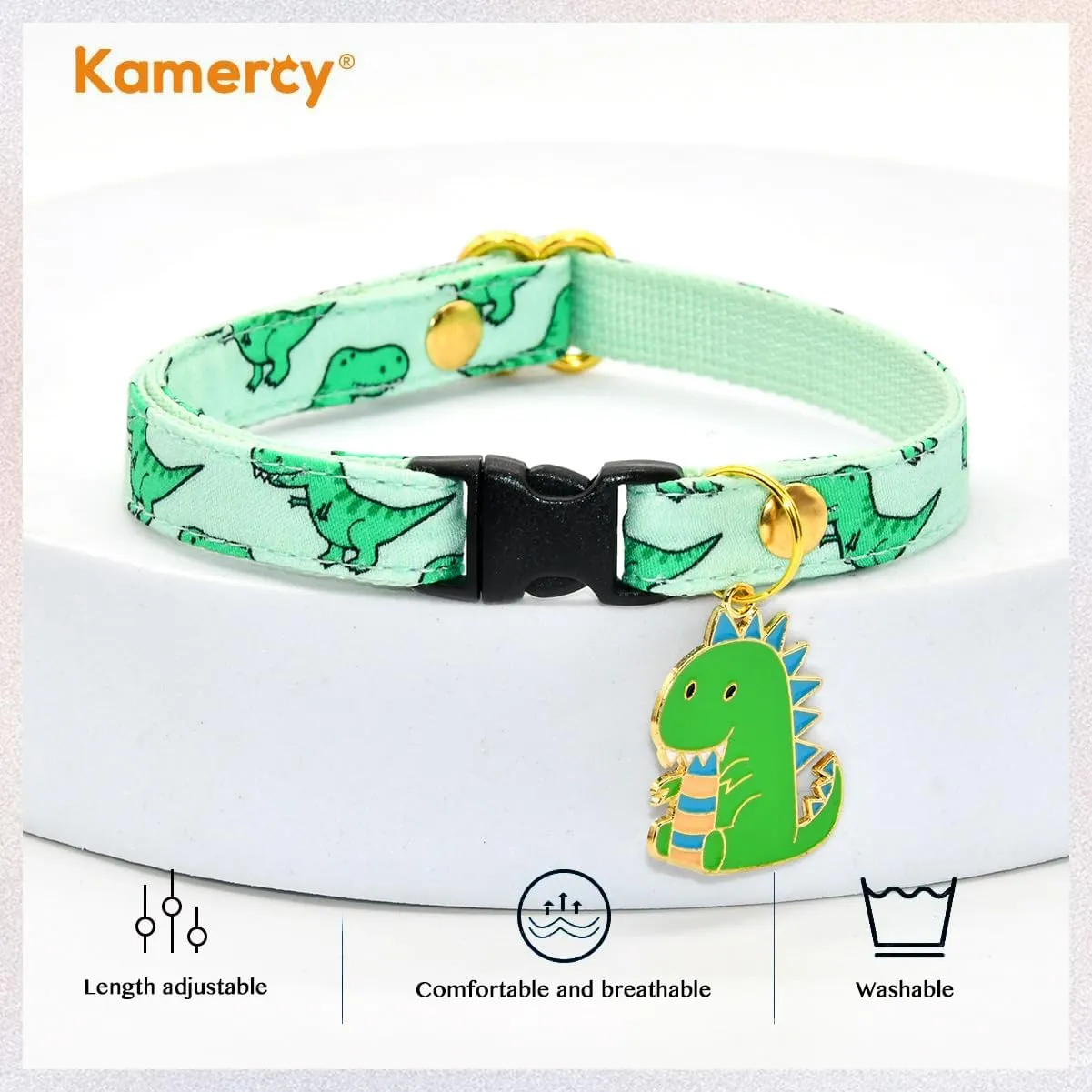 Cat Collar with Dino Charm, Sage & Green Dinosaur Pattern, XX-Small (6" - 10")