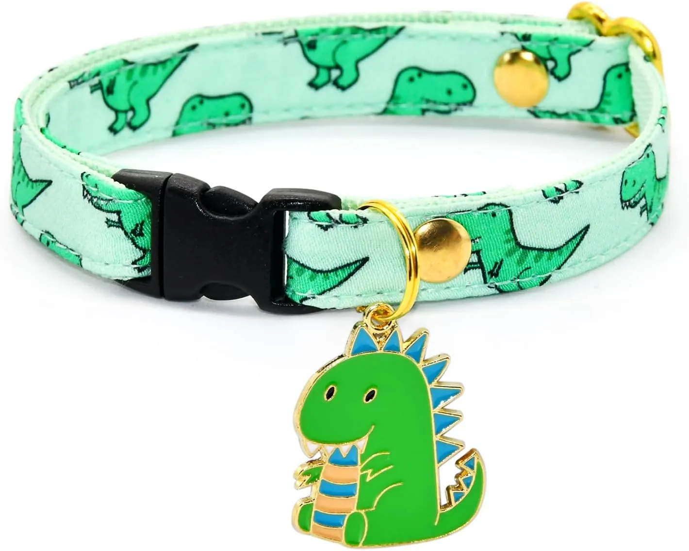 Cat Collar with Dino Charm, Sage & Green Dinosaur Pattern, XX-Small (6" - 10")