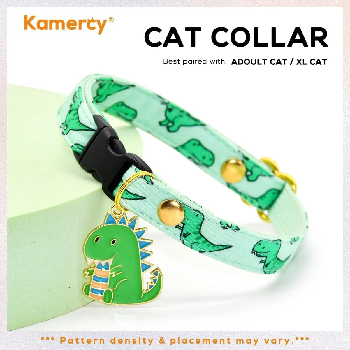 Cat Collar with Dino Charm, Sage & Green Dinosaur Pattern, XX-Small (6" - 10")