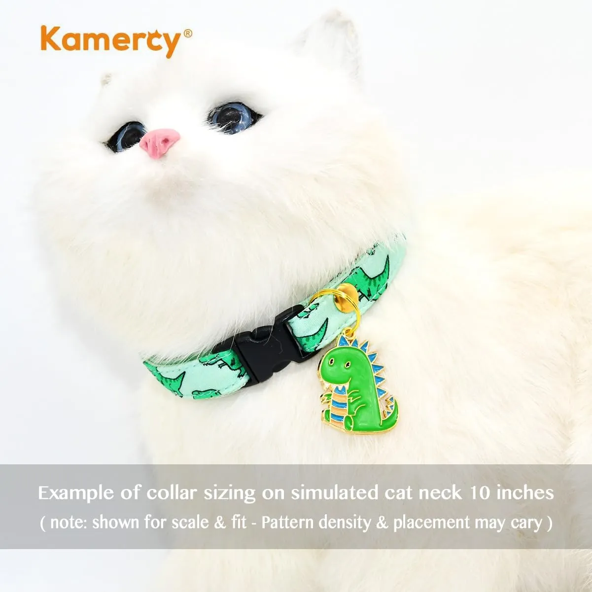 Cat Collar with Dino Charm, Sage & Green Dinosaur Pattern, XX-Small (6" - 10")