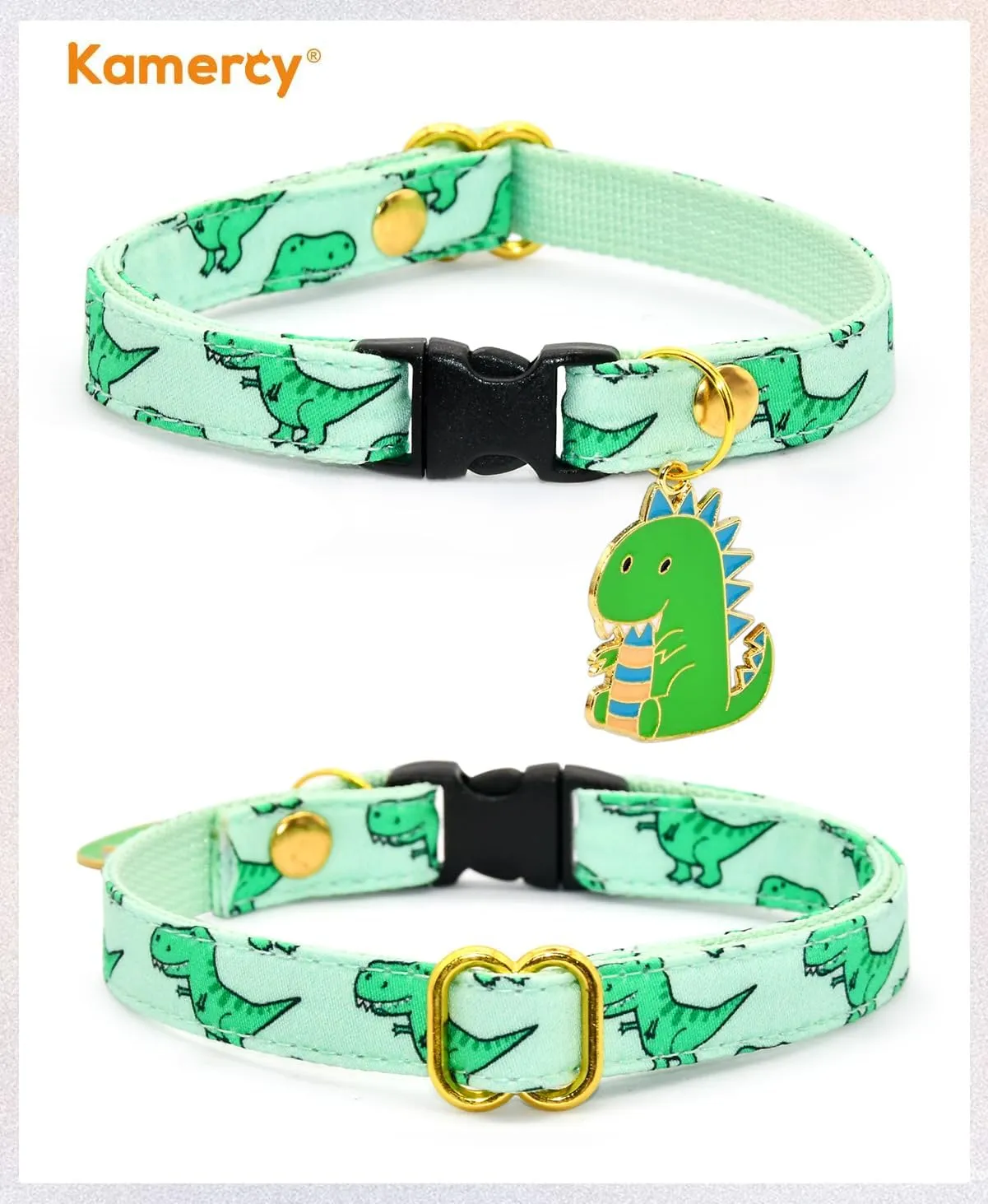 Cat Collar with Dino Charm, Sage & Green Dinosaur Pattern, XX-Small (6" - 10")
