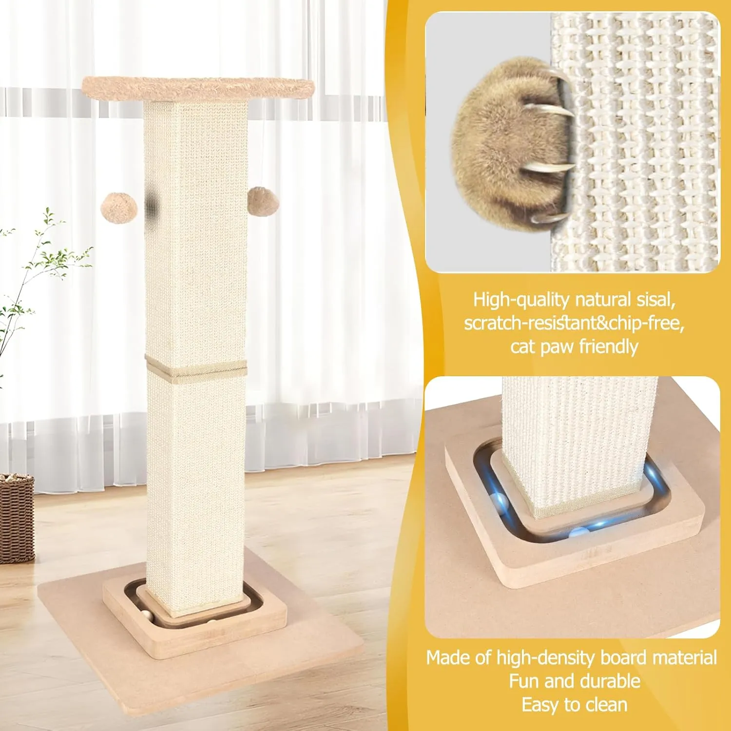 Cat Scratching Post,33 Inches Heavy Duty and Thicker Cat Scratching Posts for Indoor Cats Adults,Tall Cat Scratching Post with Interactive Toys and Hanging Ball, Protect Your Furniture, Beige