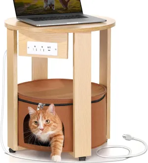 Cat Side Table House End Table with Charging Station Peekaboo with Round Felt Pet Cave Storage Accent Table for Living Room, Small Nightstand Table Bedroom, Oak and Caramel 20"x20"