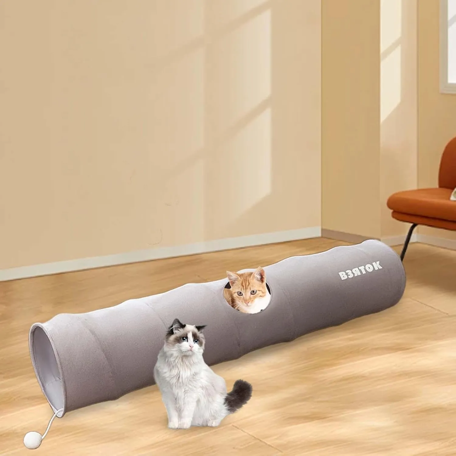 Cat Tunnel for Indoor Cats Cat Tunnel Tube Portable with Playing Ball Pet Tunnel Toy for Bunny Rabbits Puzzle Hiding Training, Gray