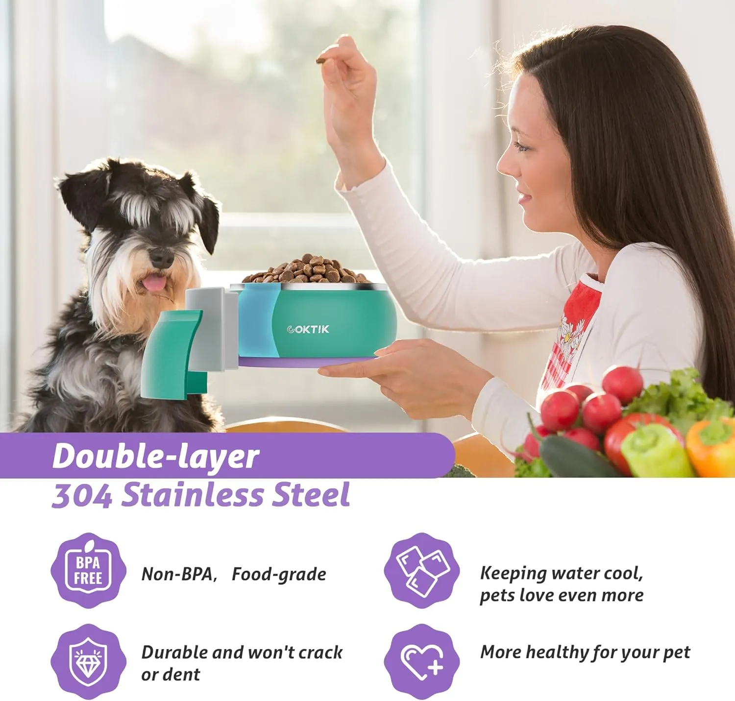 COKTIK Dog Bowl, Insulated Stainless Steel Food Bowls for Dogs & Cats, Non-Slip Dog Bowls Water Bowl Large Breed, Easy to Clean, Durable and Dishwasher Safe (32oz, White)