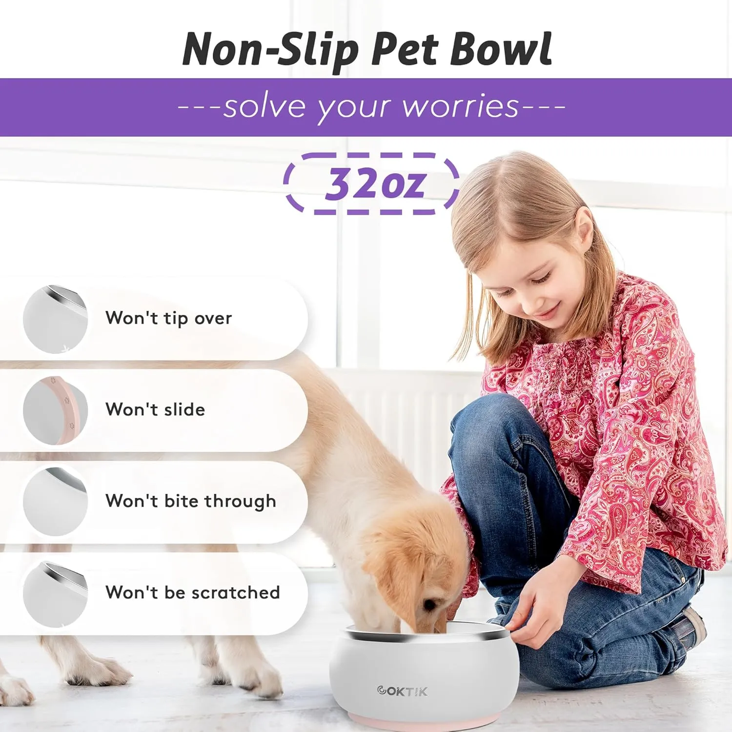 COKTIK Dog Bowl, Insulated Stainless Steel Food Bowls for Dogs & Cats, Non-Slip Dog Bowls Water Bowl Large Breed, Easy to Clean, Durable and Dishwasher Safe (32oz, White)