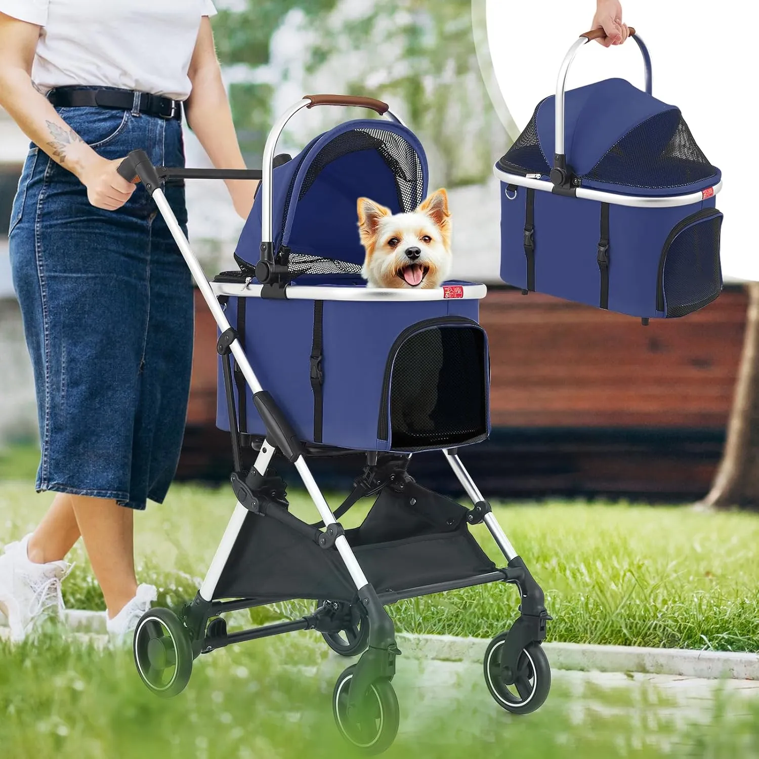 Detachable Pet Stroller for Small Dogs 10lbs, Dog Stroller with Detachable Basket Carrier, Movable Cat Stroller for 1 Cat Kitten Foldable Stroller Aluminum Frame, Multi-Angle Handle, Navy Blue