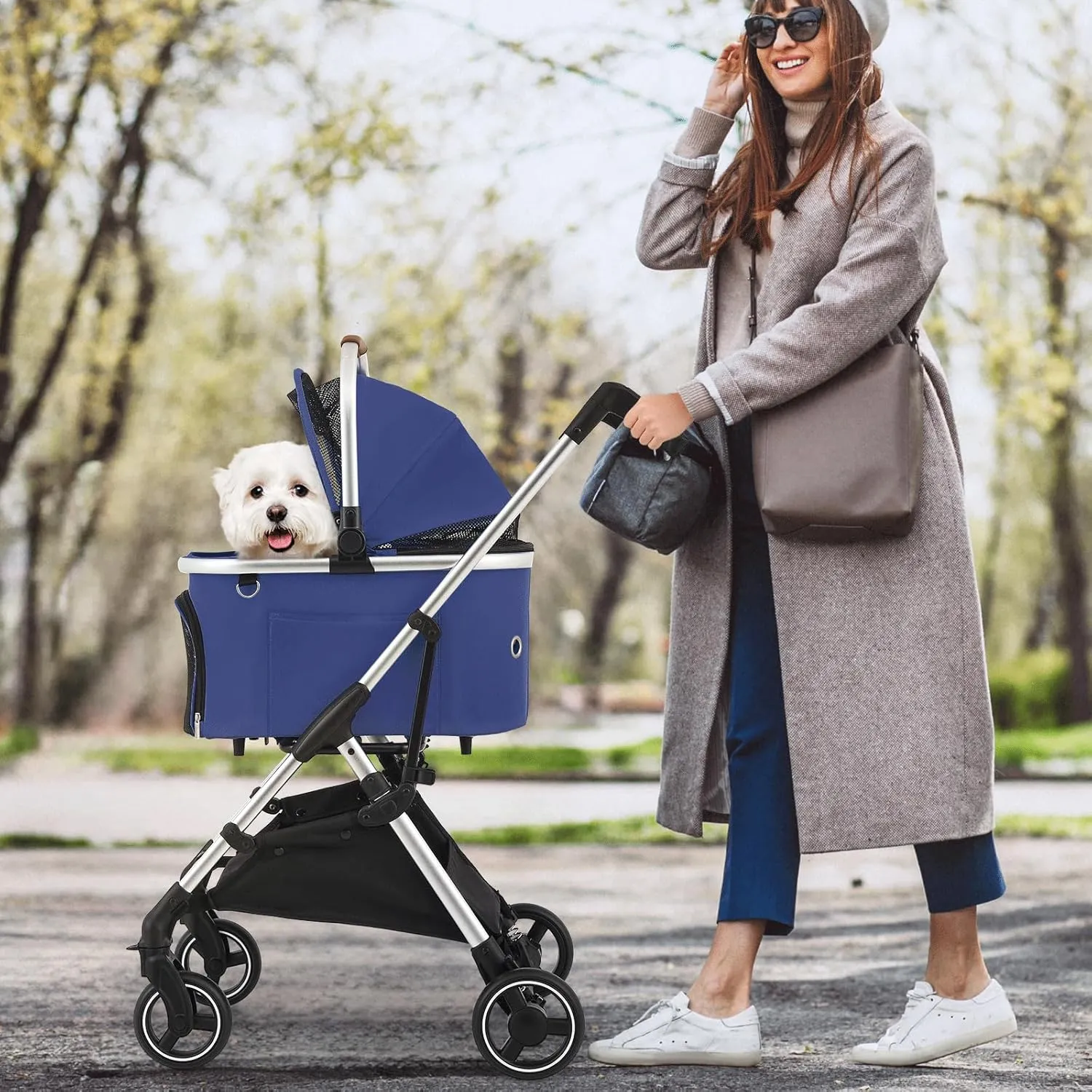 Detachable Pet Stroller for Small Dogs 10lbs, Dog Stroller with Detachable Basket Carrier, Movable Cat Stroller for 1 Cat Kitten Foldable Stroller Aluminum Frame, Multi-Angle Handle, Navy Blue