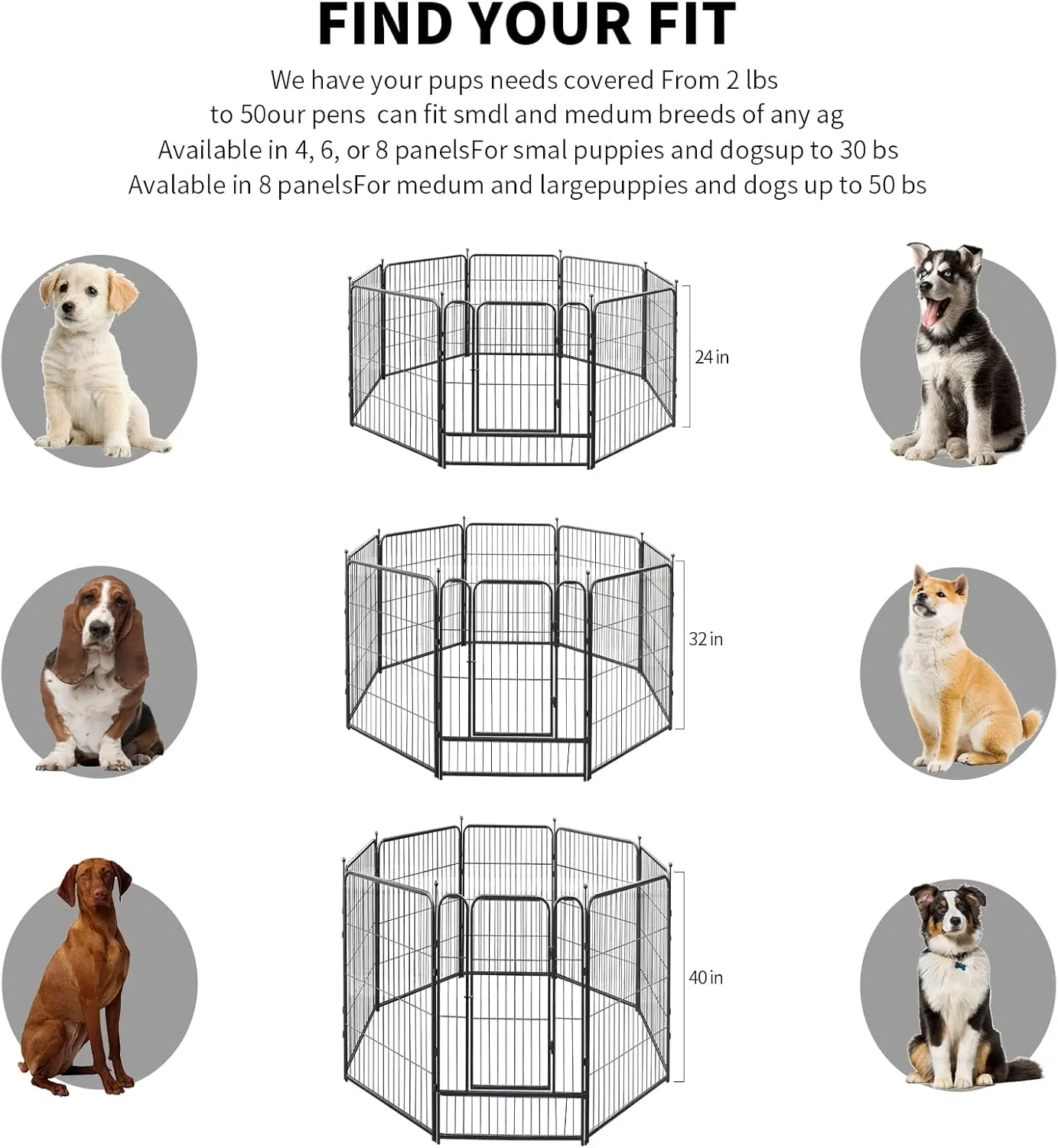 Dog Playpen,24/32/40 Inch Height in Heavy Duty,Folding Indoor Outdoor Dog Exercise Fence, Portable Pet Playpen with Door for Large Medium Dogs - Silver Gray (8 Panels, 32 inch)