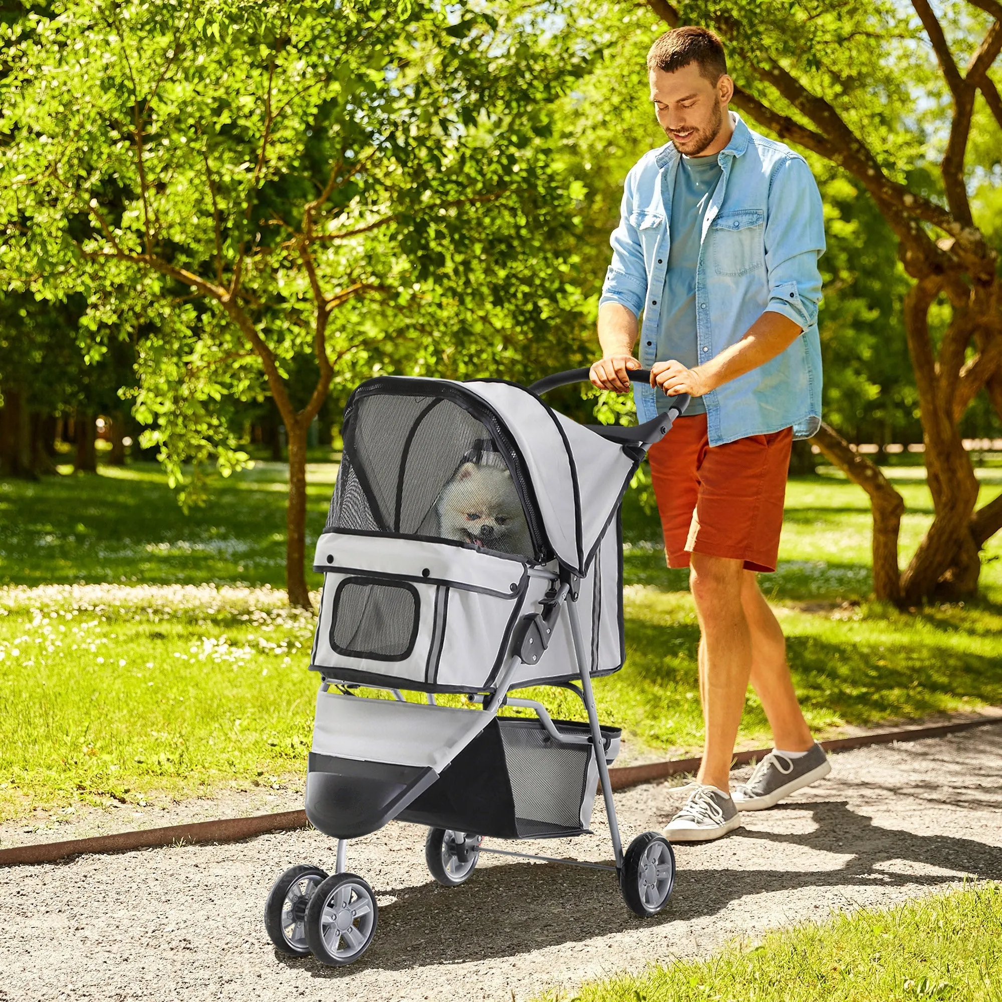 Dog Stroller, 3 Wheels Foldable Cat Dog Pram with Cup Holder, Storage Basket, Pet Stroller for Small Miniature Dogs, Grey