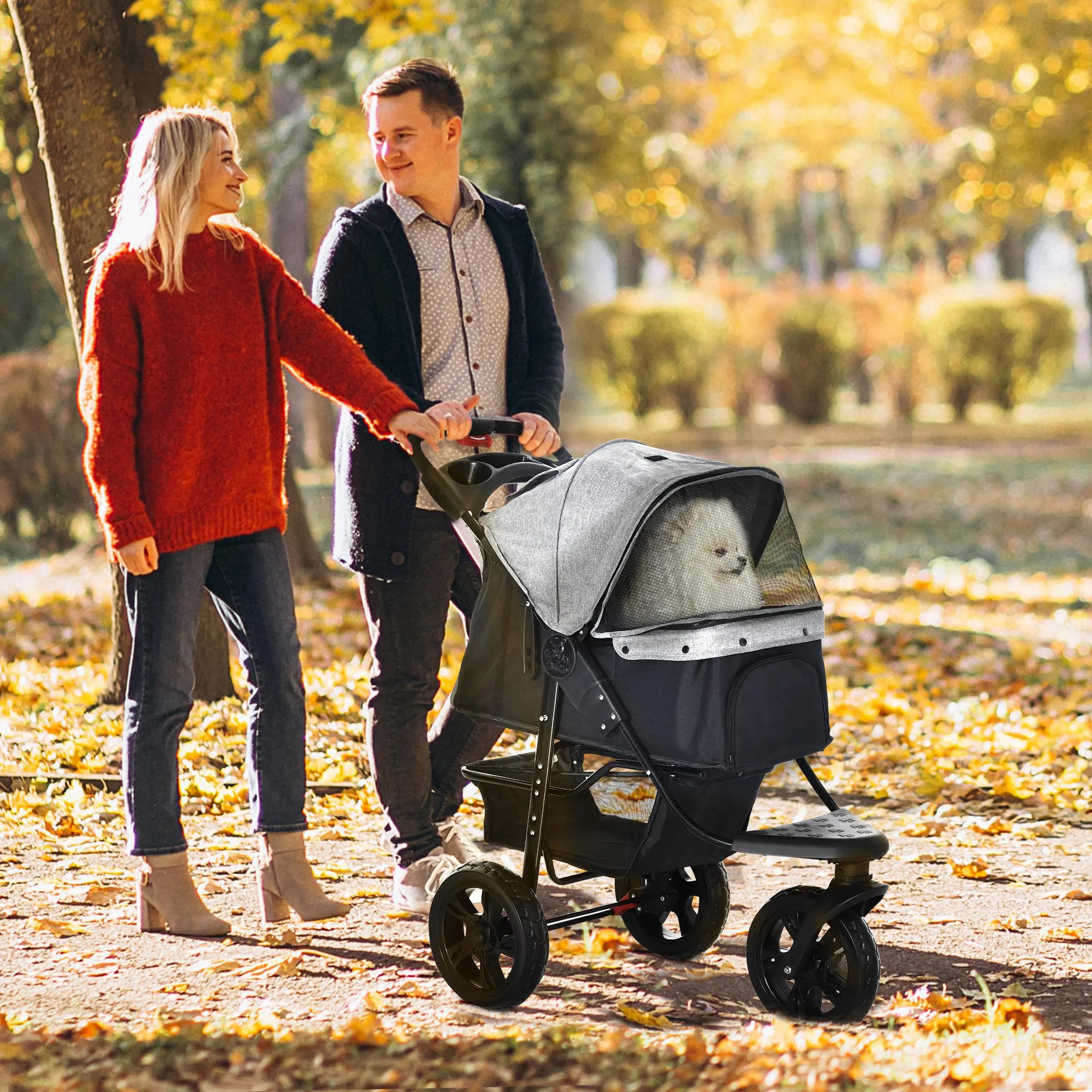 Foldable 2 in 1,  3-Wheel Dog Stroller with Brake, Storage Basket and Bottle Holder, Steel and Oxford, Grey and Black, 109.5x57. 5x106.5cm