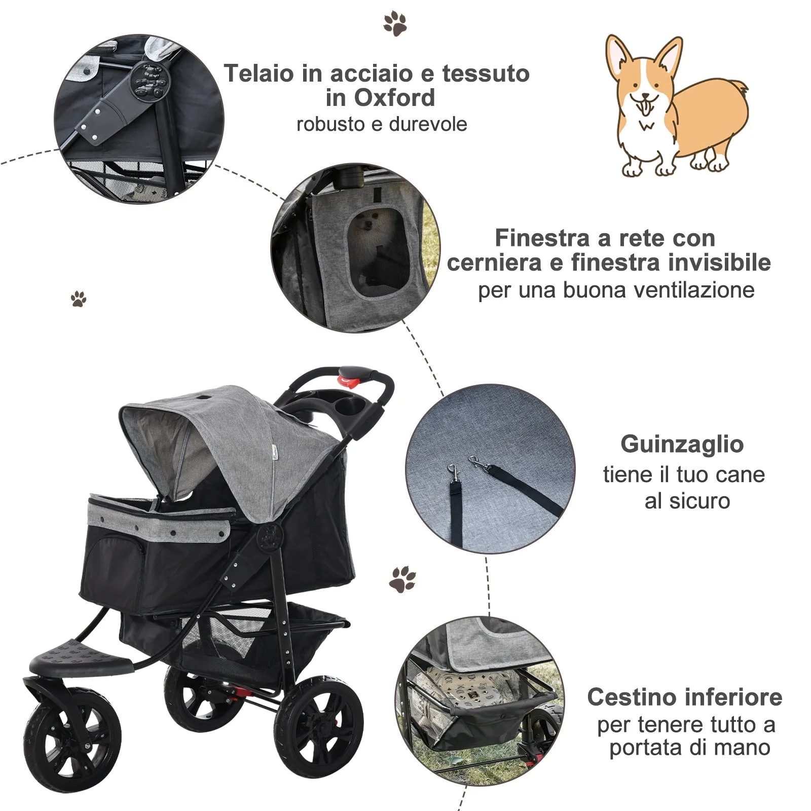 Foldable 2 in 1,  3-Wheel Dog Stroller with Brake, Storage Basket and Bottle Holder, Steel and Oxford, Grey and Black, 109.5x57. 5x106.5cm