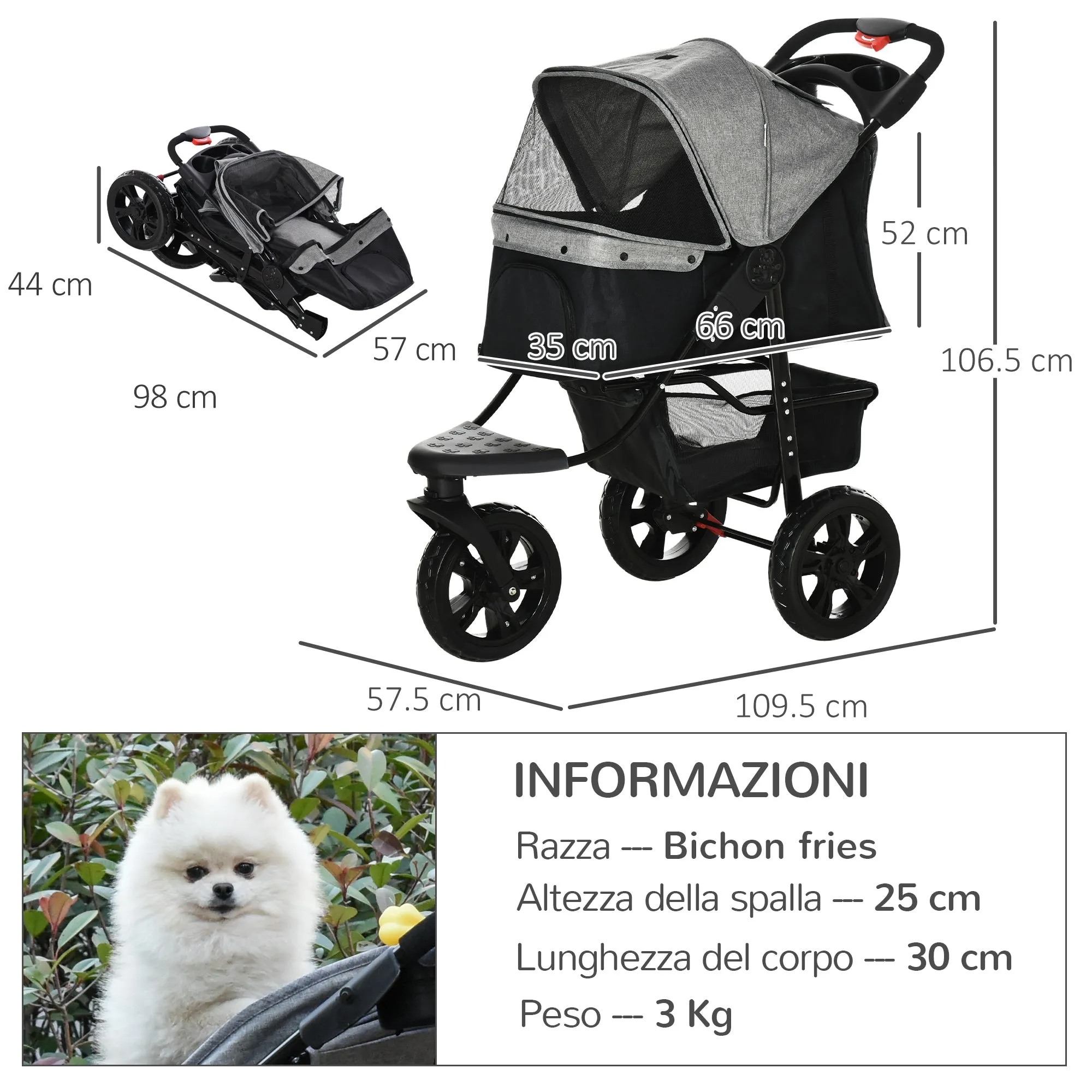 Foldable 2 in 1,  3-Wheel Dog Stroller with Brake, Storage Basket and Bottle Holder, Steel and Oxford, Grey and Black, 109.5x57. 5x106.5cm