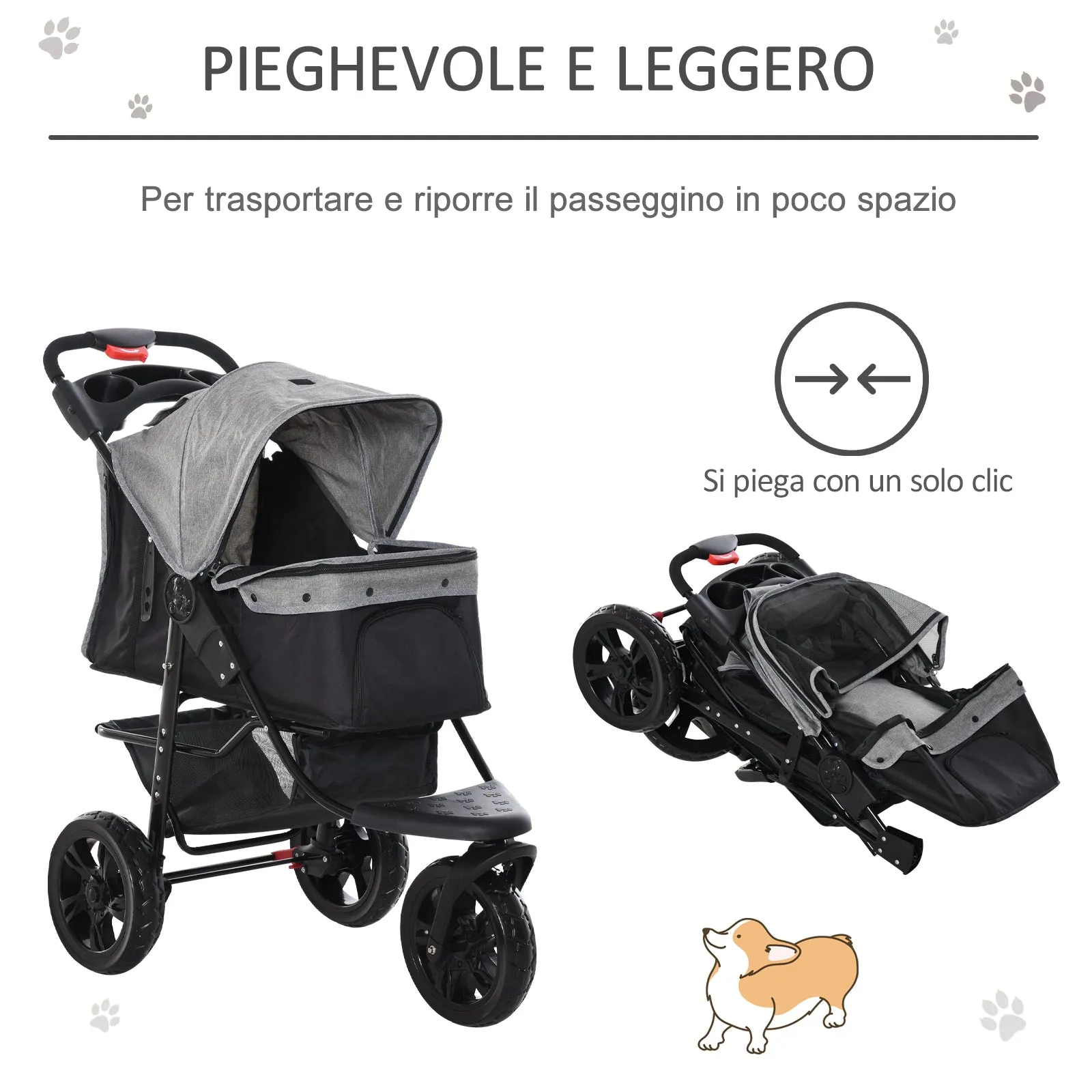 Foldable 2 in 1,  3-Wheel Dog Stroller with Brake, Storage Basket and Bottle Holder, Steel and Oxford, Grey and Black, 109.5x57. 5x106.5cm