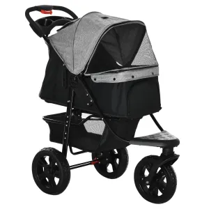 Foldable 2 in 1,  3-Wheel Dog Stroller with Brake, Storage Basket and Bottle Holder, Steel and Oxford, Grey and Black, 109.5x57. 5x106.5cm