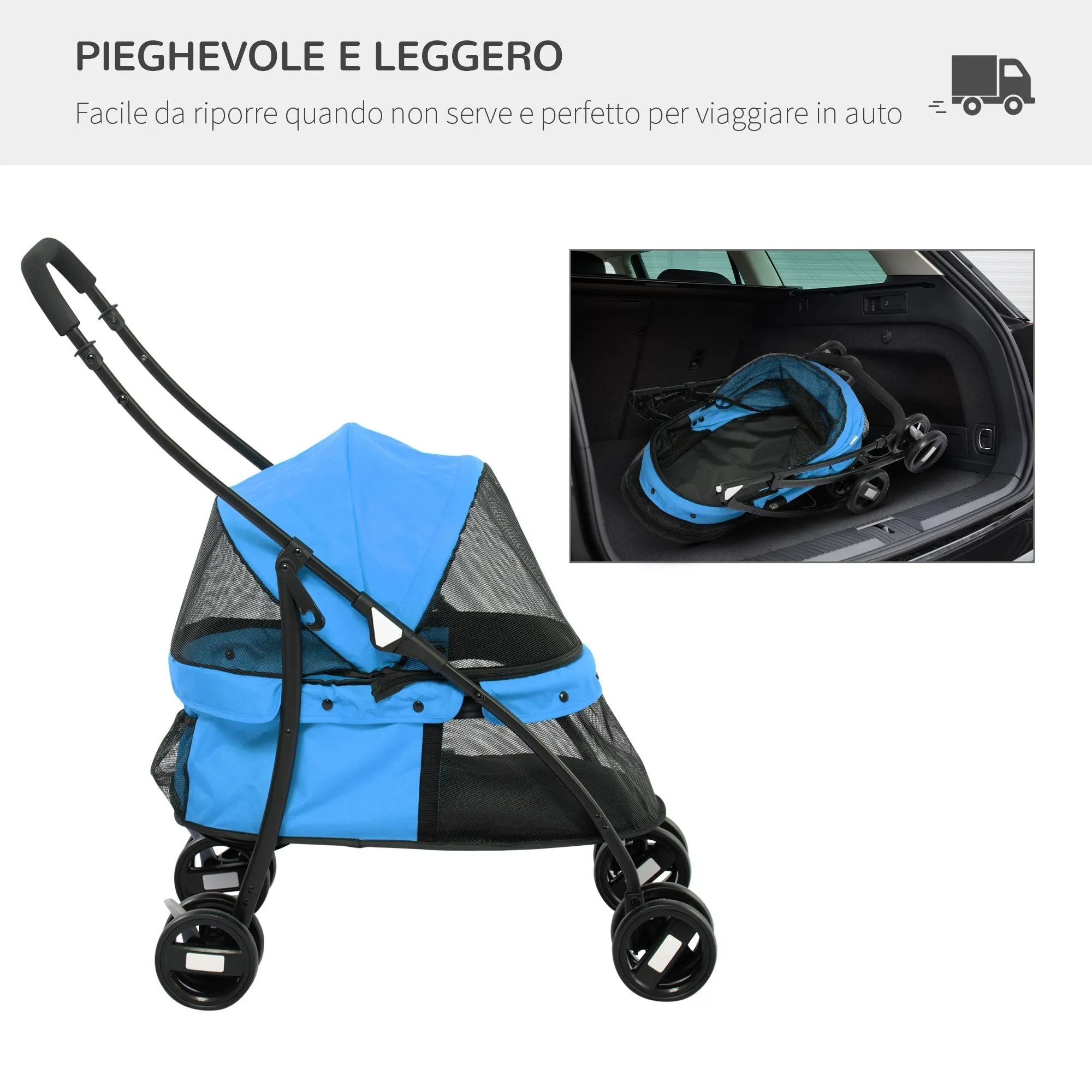 Foldable Dog Stroller with Adjustable Canopy and Swivel Wheels, 82x47x97cm, Blue