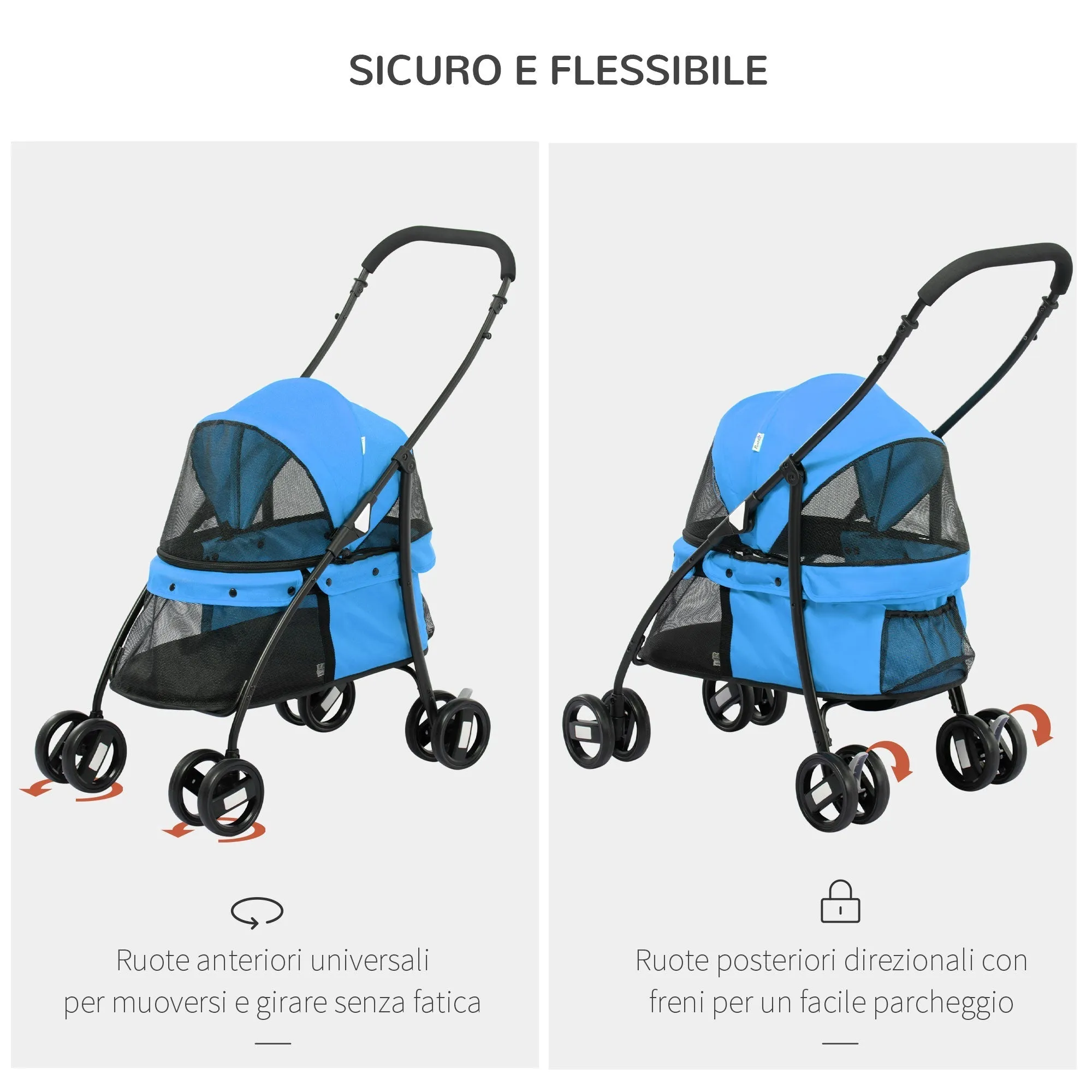 Foldable Dog Stroller with Adjustable Canopy and Swivel Wheels, 82x47x97cm, Blue