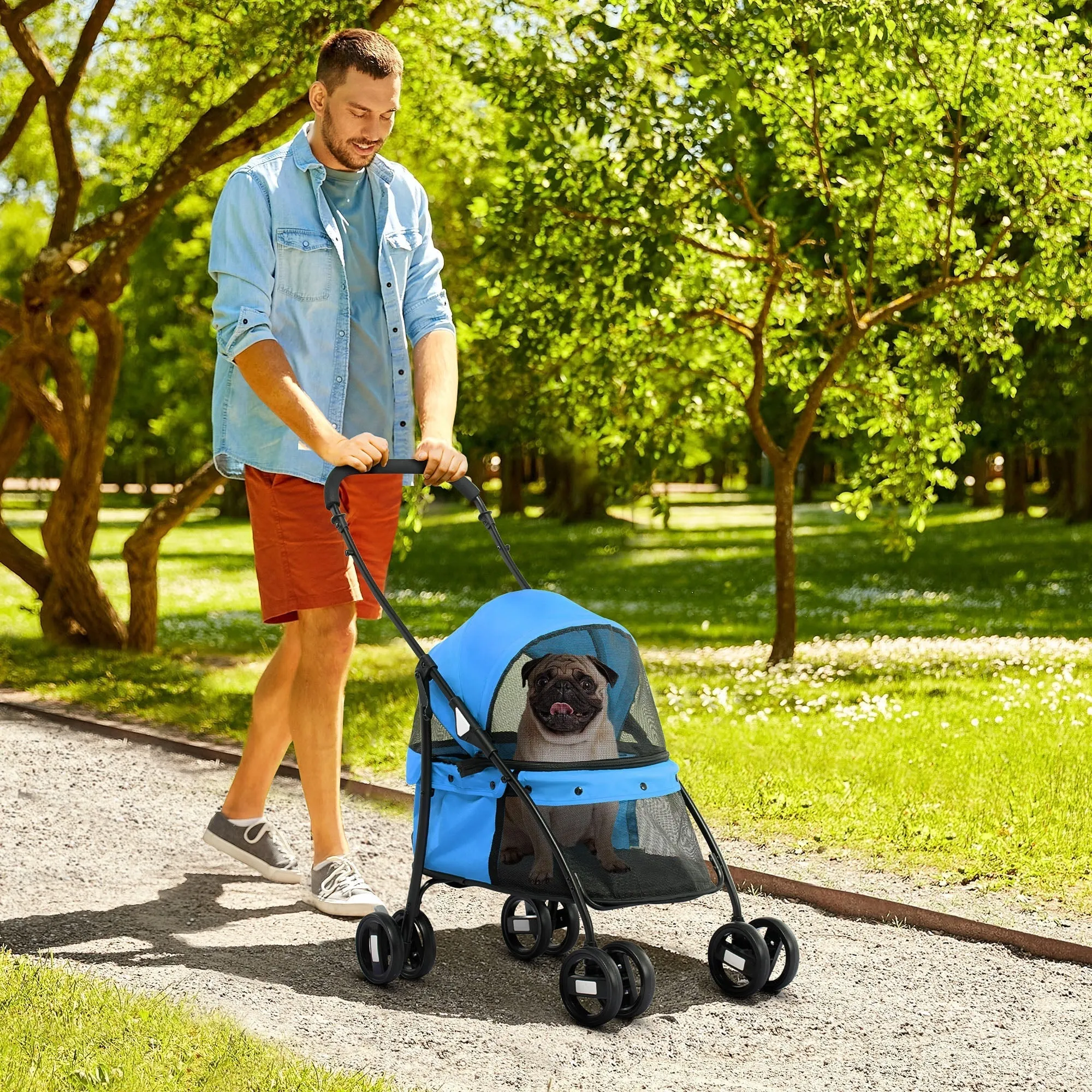 Foldable Dog Stroller with Adjustable Canopy and Swivel Wheels, 82x47x97cm, Blue