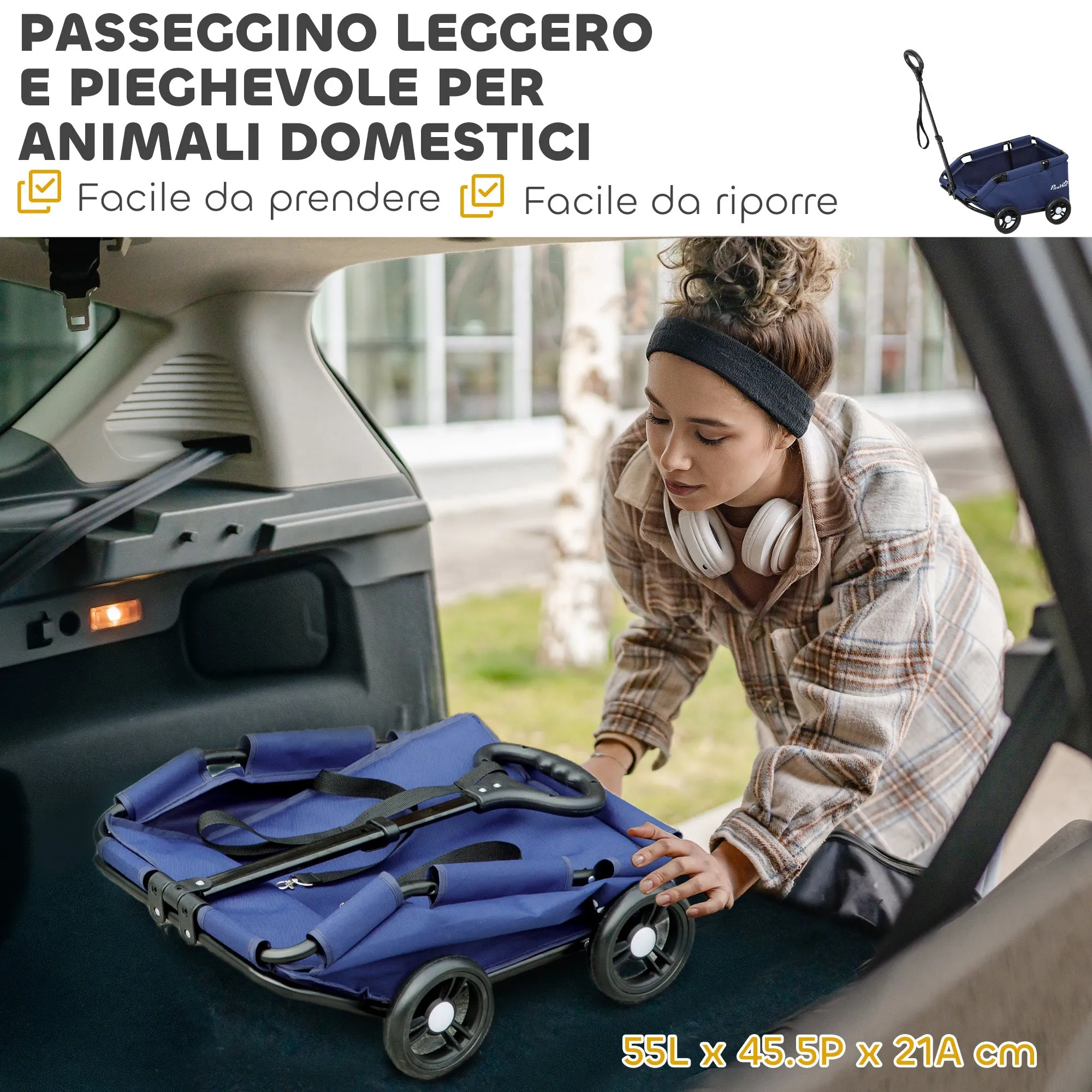 Foldable Dog Stroller with Bag and Cushion, in Steel and Oxford Fabric, 53x45x28 cm, Dark Blue