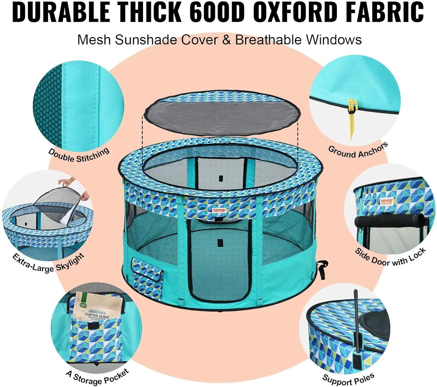 Foldable Pet Playpen 44x44x24 Inch Portable Dog & Cat Play Yard with Zipper Door Indoor/Outdoor Soft Crate for Puppies, Small Pets Lightweight, Waterproof, Easy Setup Travel Pet Pen