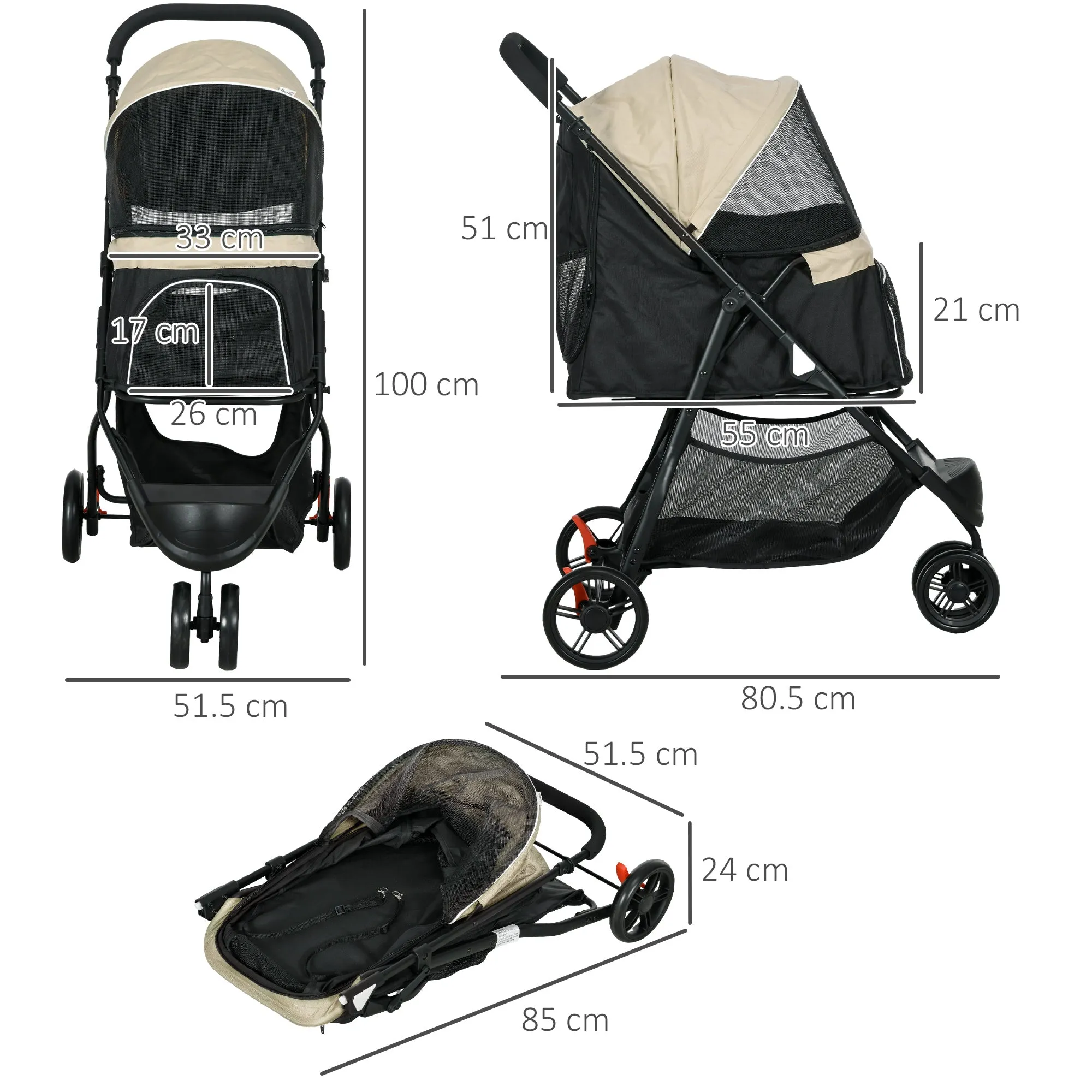 Foldable Pet Stroller w/ Rain Cover, for XS Dogs, S Dogs - Khaki