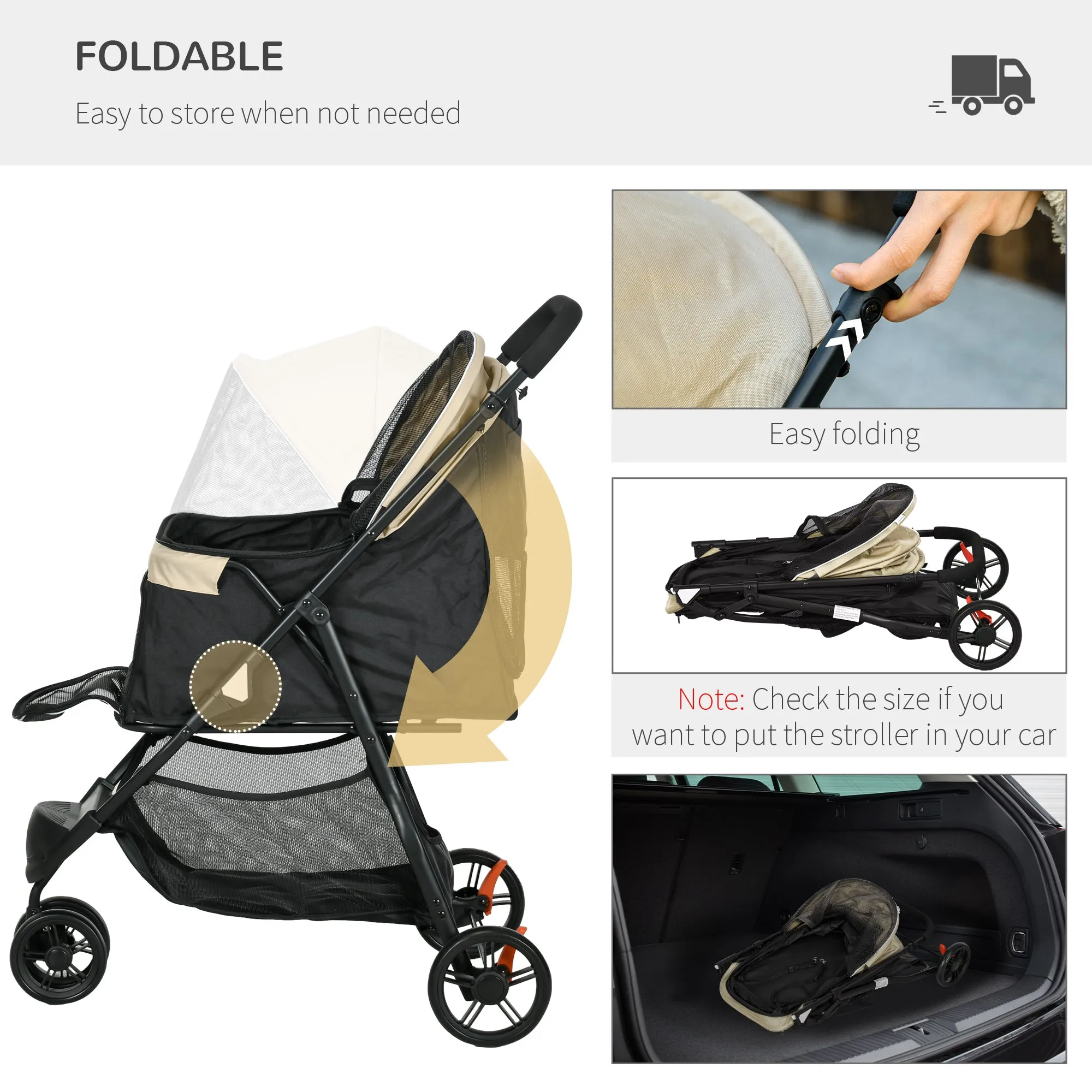 Foldable Pet Stroller w/ Rain Cover, for XS Dogs, S Dogs - Khaki