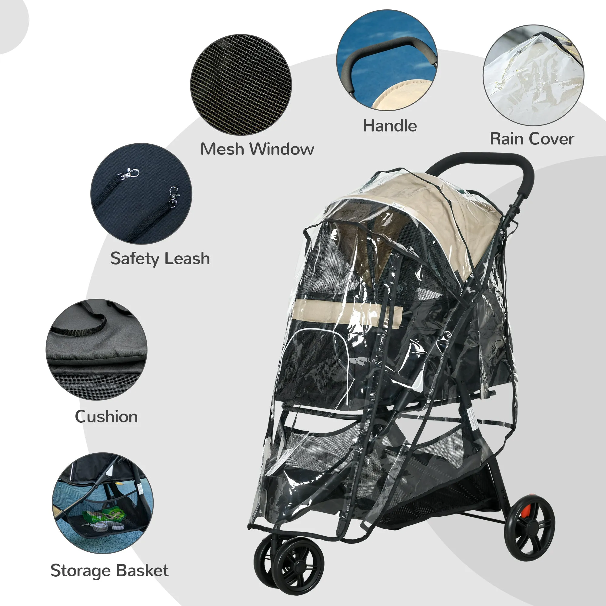 Foldable Pet Stroller w/ Rain Cover, for XS Dogs, S Dogs - Khaki
