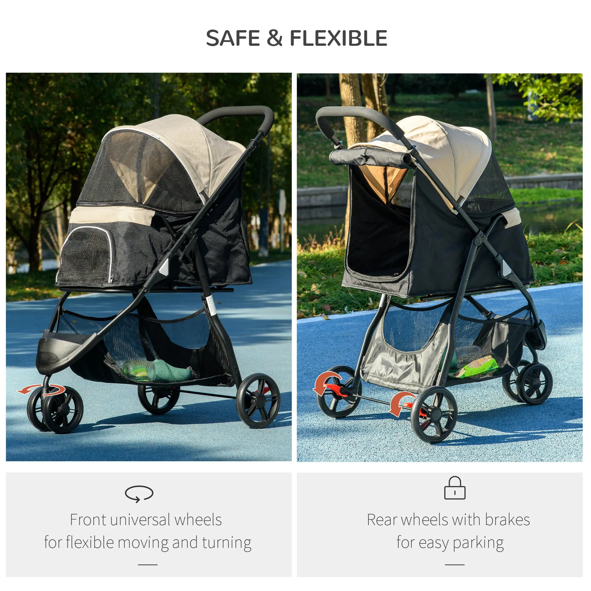 Foldable Pet Stroller w/ Rain Cover, for XS Dogs, S Dogs - Khaki