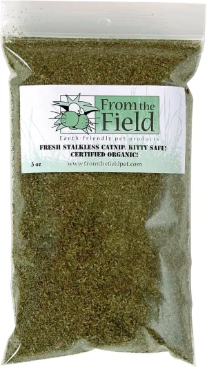 from The Field | Fine Ground Stalkless Catnip | Premium USA-Grown Catnip for Toys & Playtime | Fresh, Potent, Non-Toxic, Eco-Friendly | Safe for Kittens & Cats | Resealable 3 Oz Bag