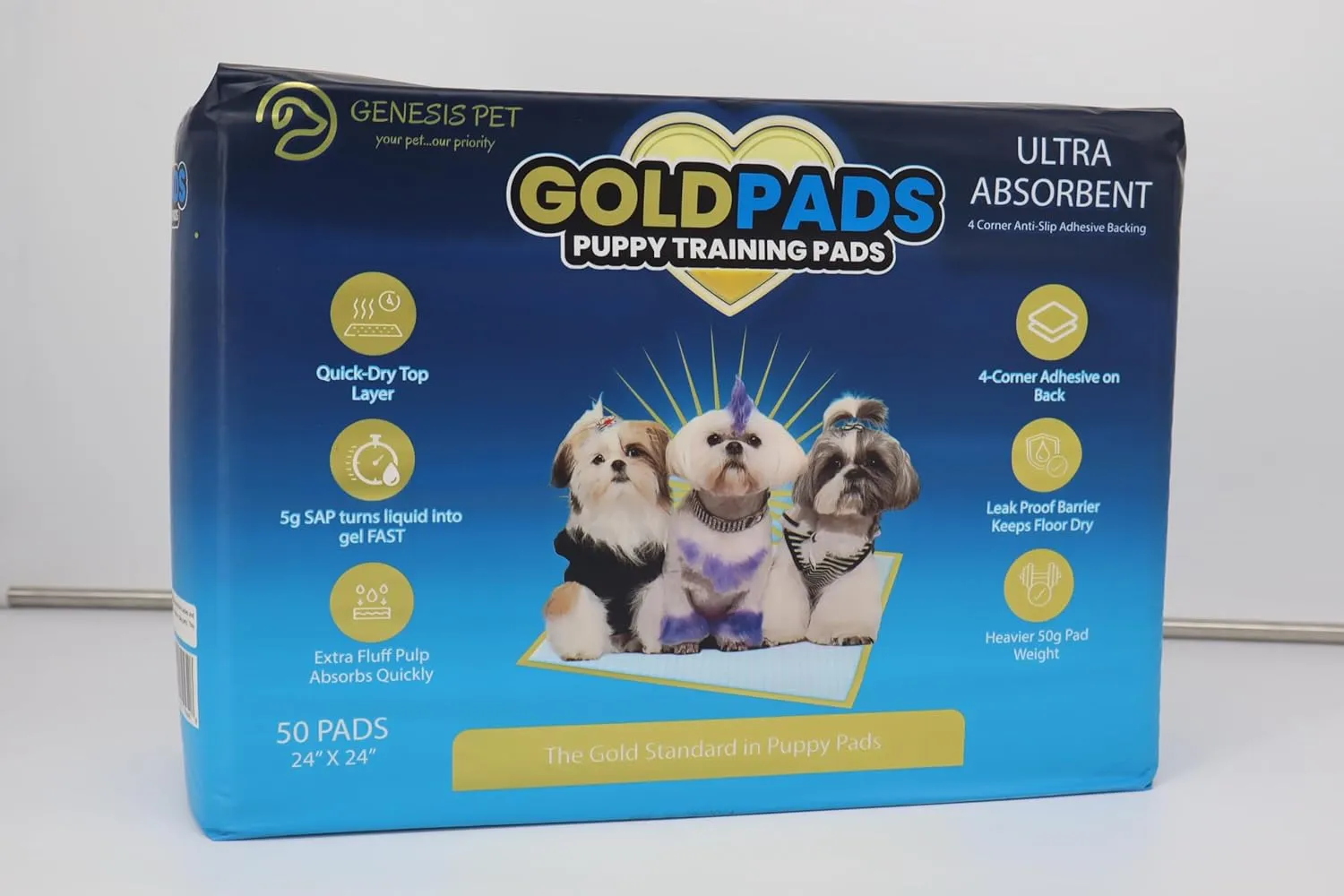 Genesis Pet Goldpads 24x24 Leak-Proof Dog Pee Pads with Adhesive, 5g SAP, 6-Layer, Puppy & Senior Dog Pads