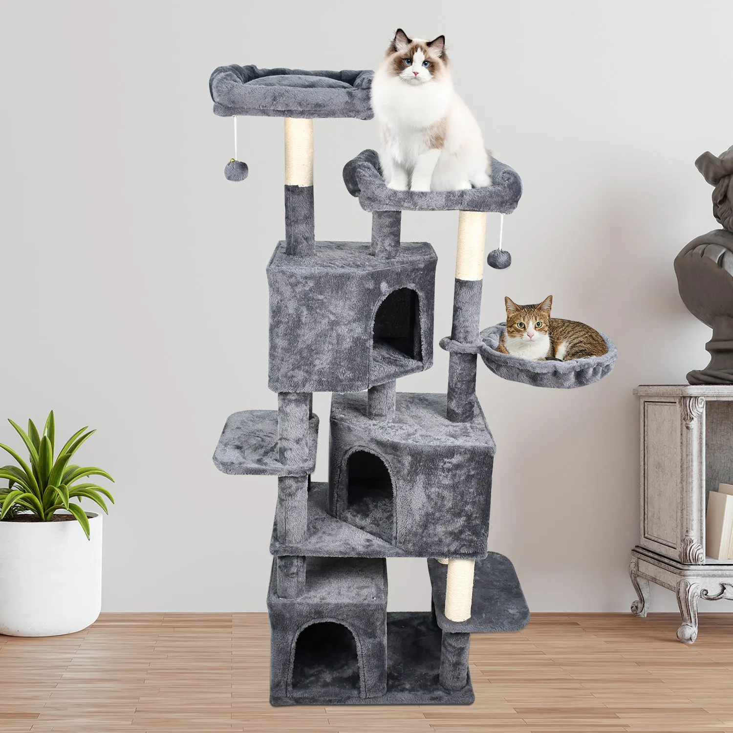 GOOPAWS Multi-Level 65-in Faux Fur Cat Tree & Condo, Dark Grey